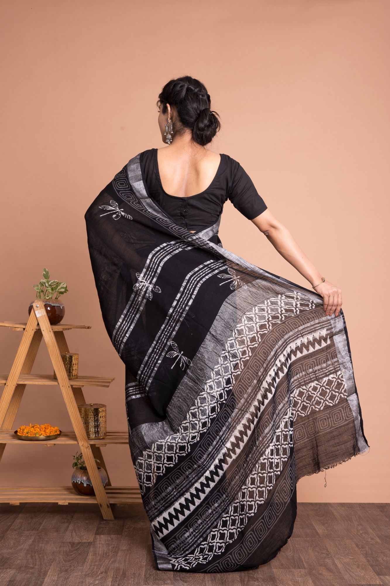 Hand Block Printed Cotton Linen Saree with Unstitched Blouse - Black