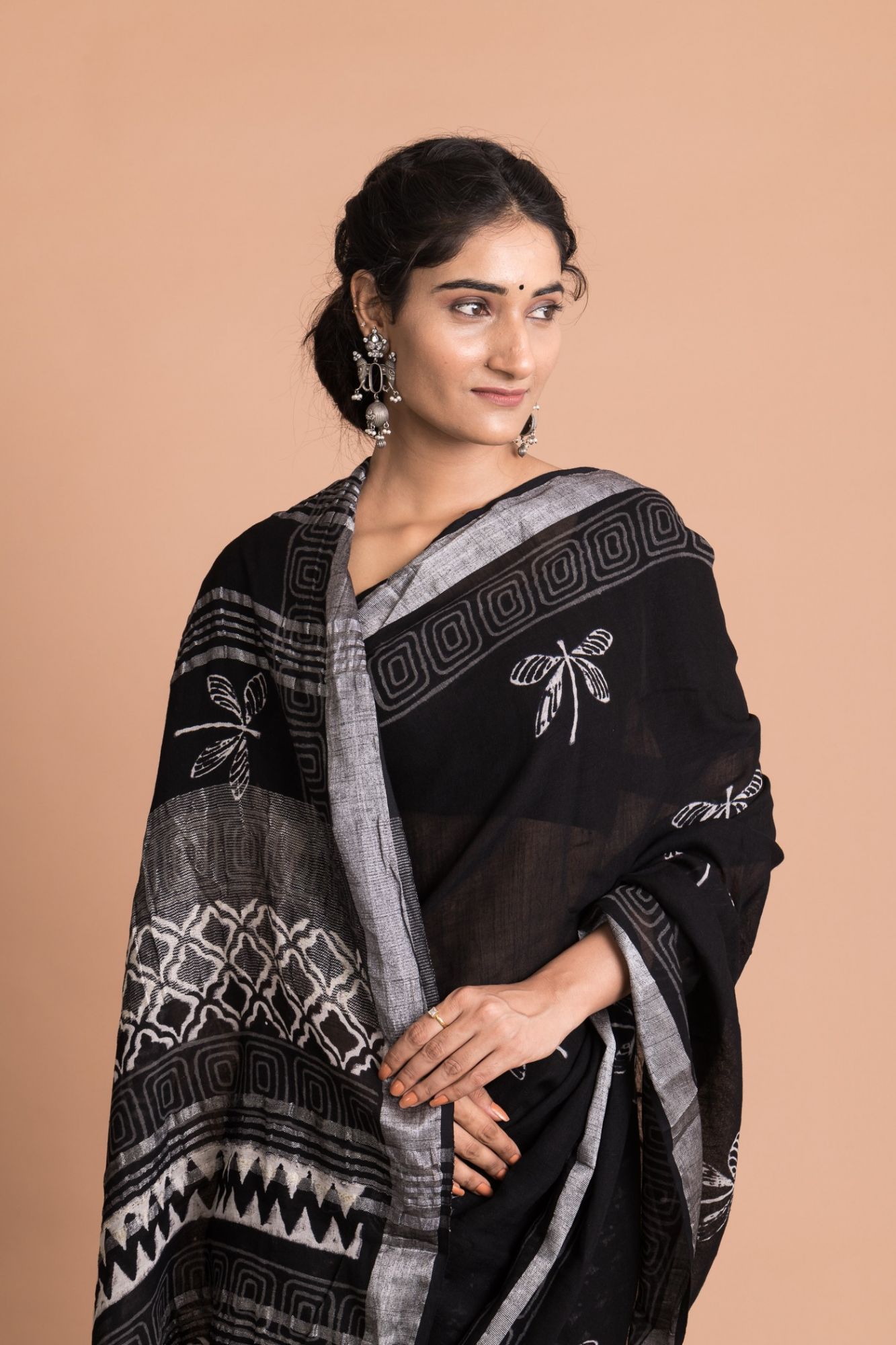 Hand Block Printed Cotton Linen Saree with Unstitched Blouse - Black