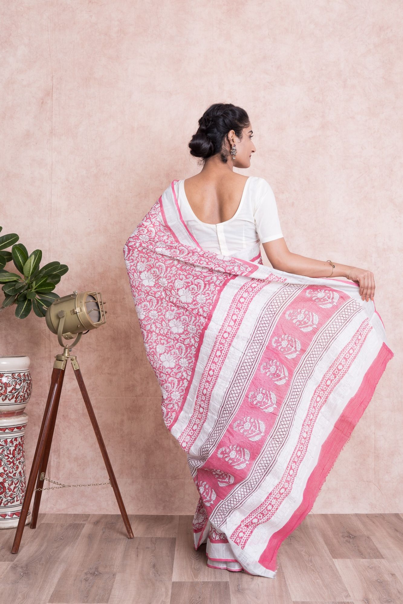 Women Pigment Print Kalamkari Cotton Linen Saree with Unstitched Blouse - Pink