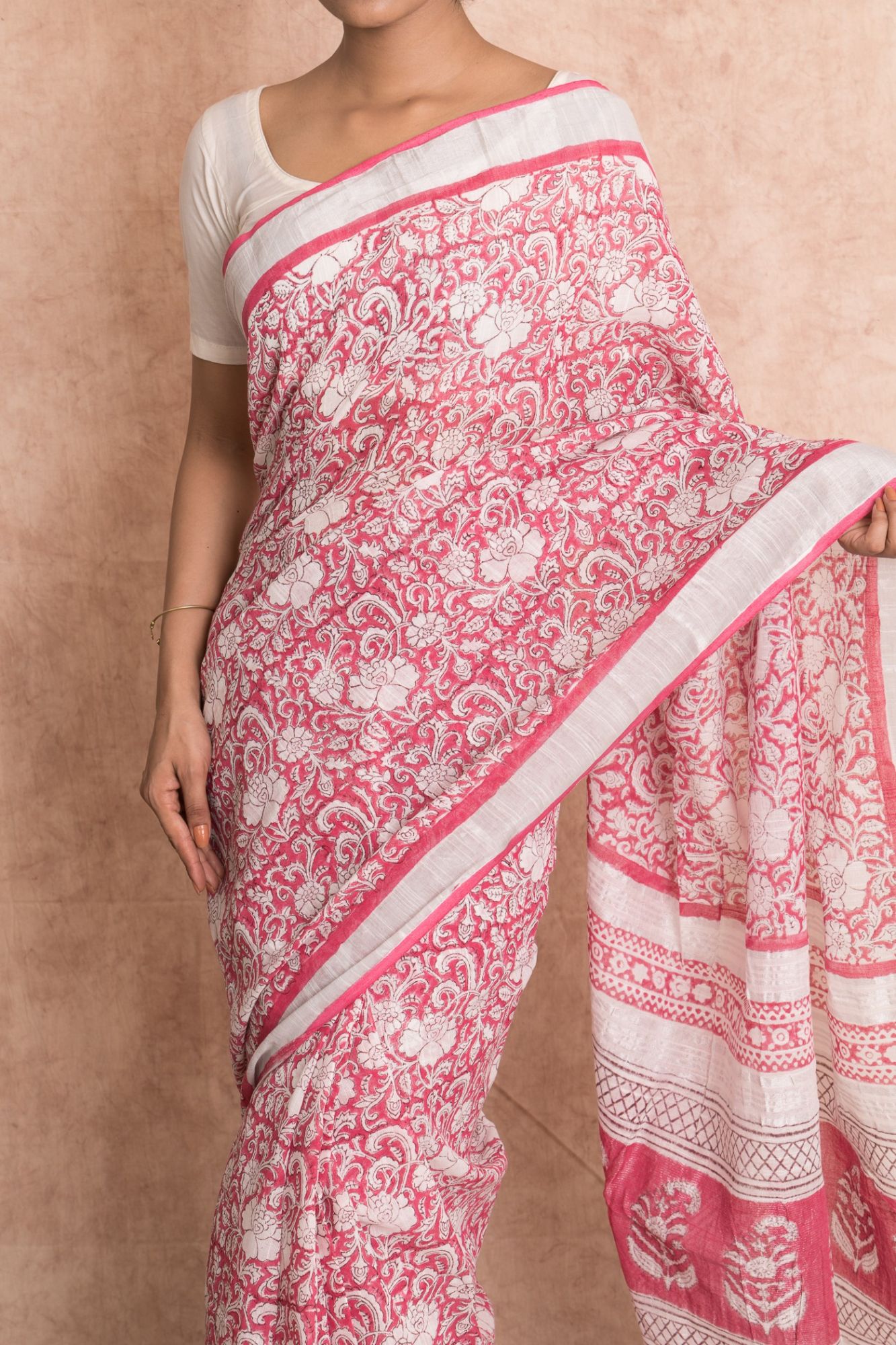 Women Pigment Print Kalamkari Cotton Linen Saree with Unstitched Blouse - Pink