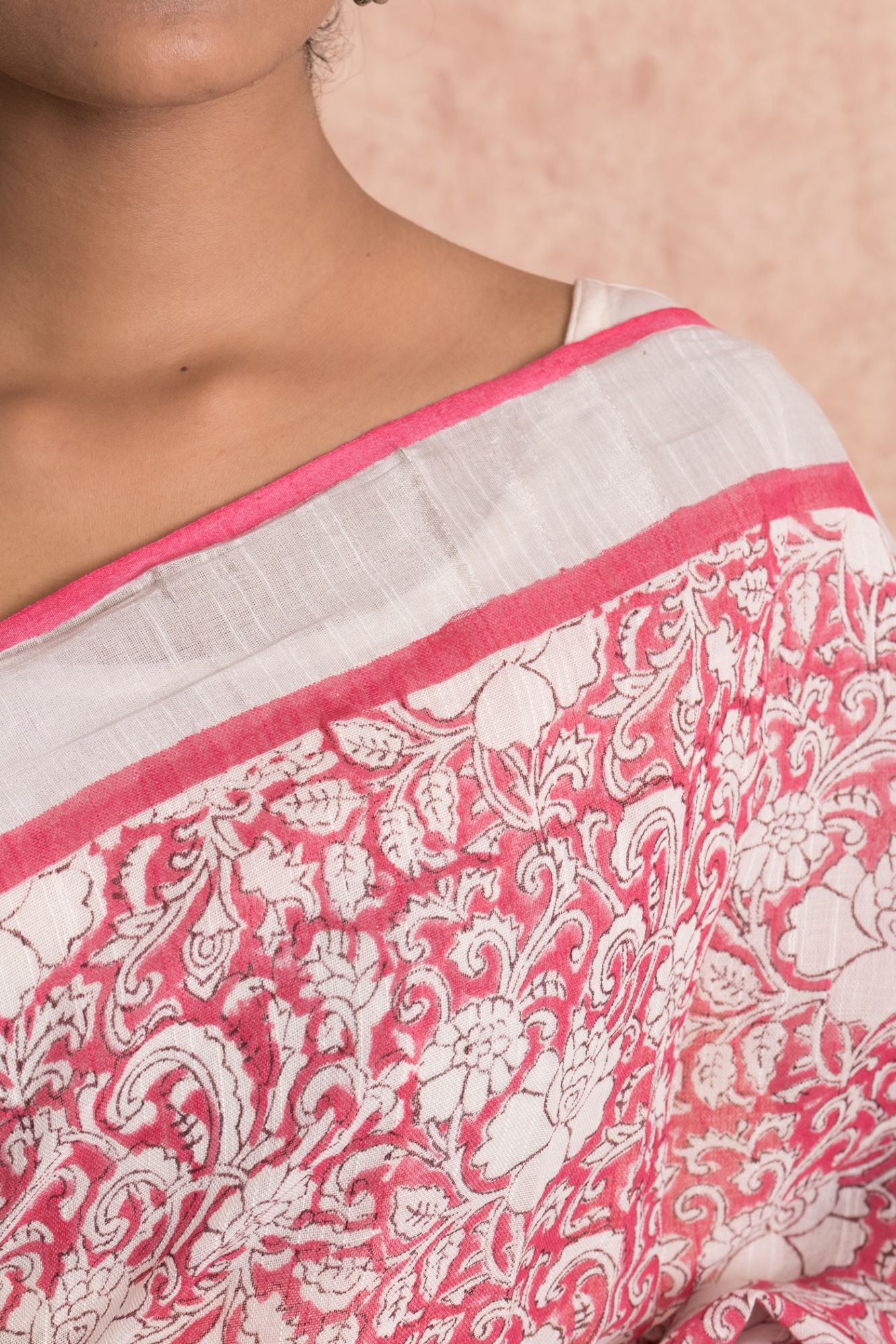 Women Pigment Print Kalamkari Cotton Linen Saree with Unstitched Blouse - Pink