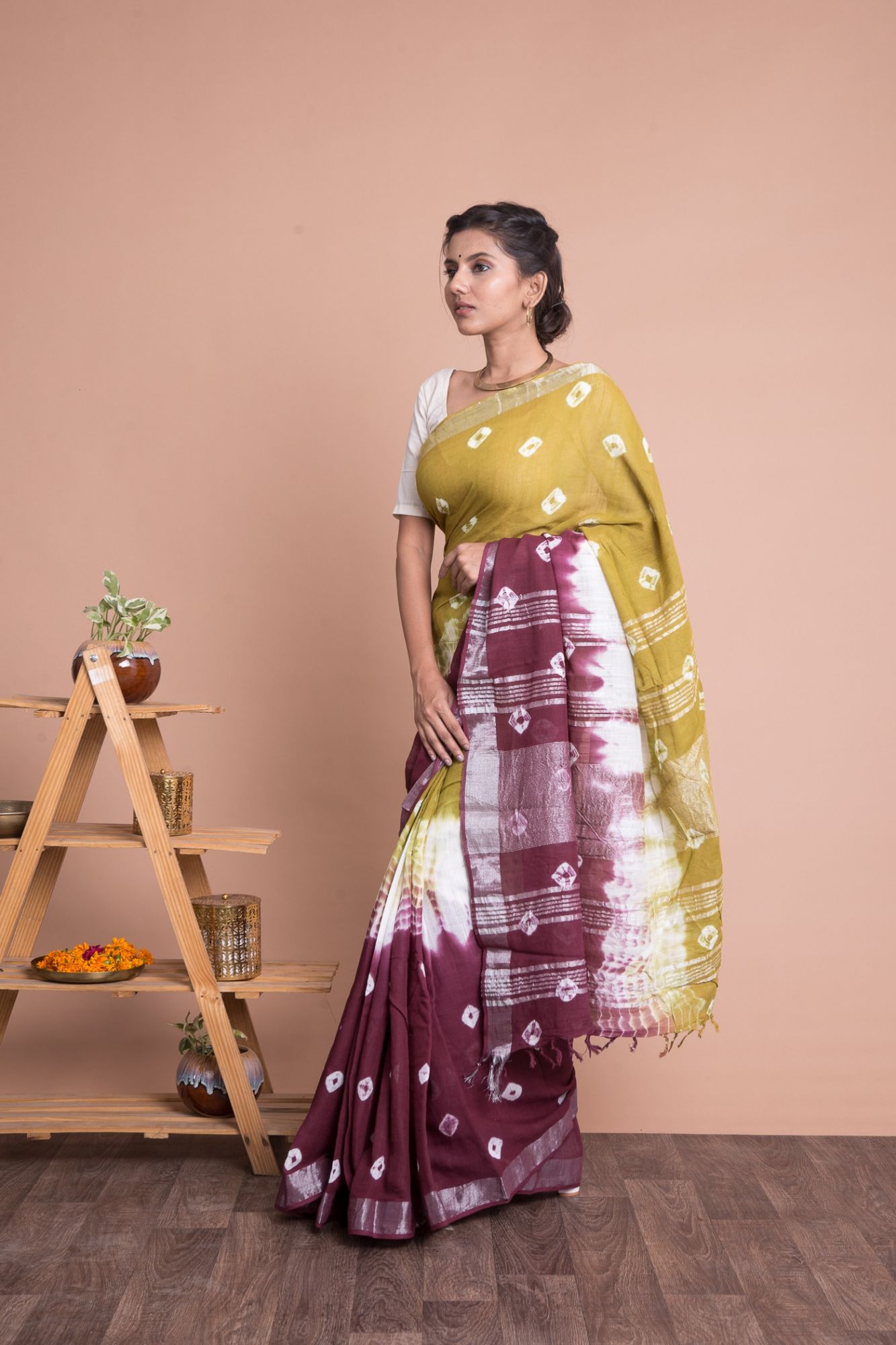 Women Tie And Dye Cotton Linen Saree with Unstitched Blouse - Multi-Color