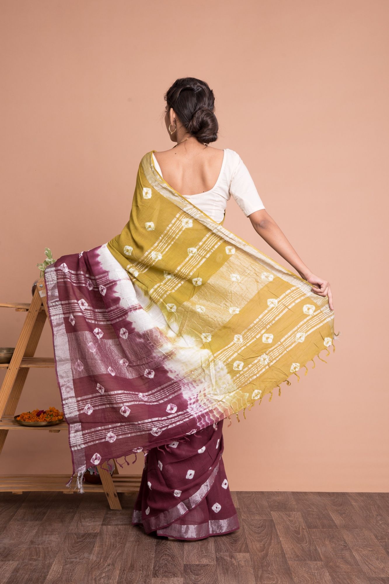 Women Tie And Dye Cotton Linen Saree with Unstitched Blouse - Multi-Color