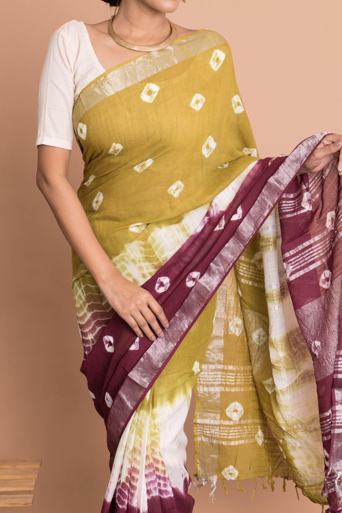 Women Tie And Dye Cotton Linen Saree with Unstitched Blouse - Multi-Color