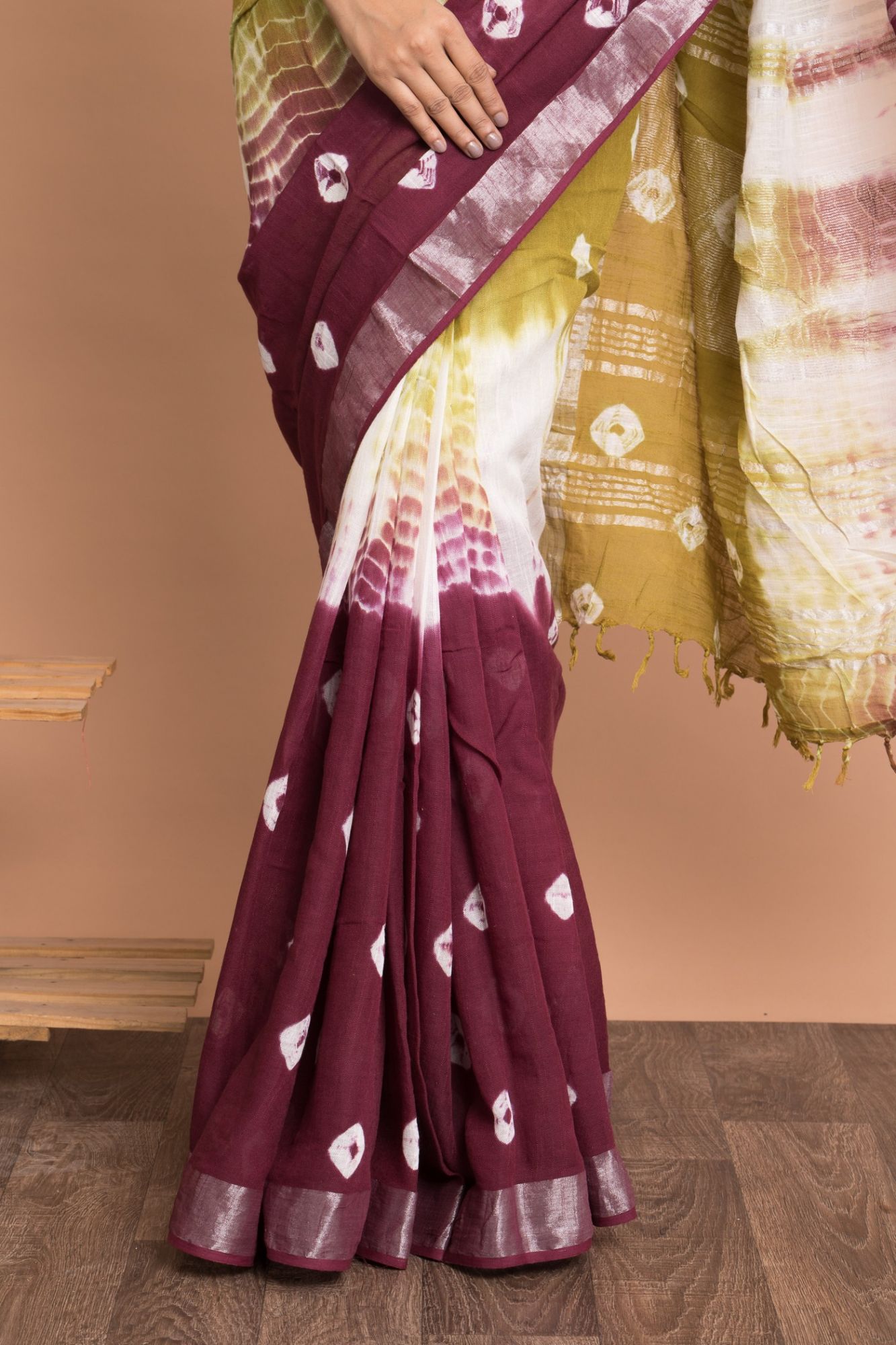 Women Tie And Dye Cotton Linen Saree with Unstitched Blouse - Multi-Color