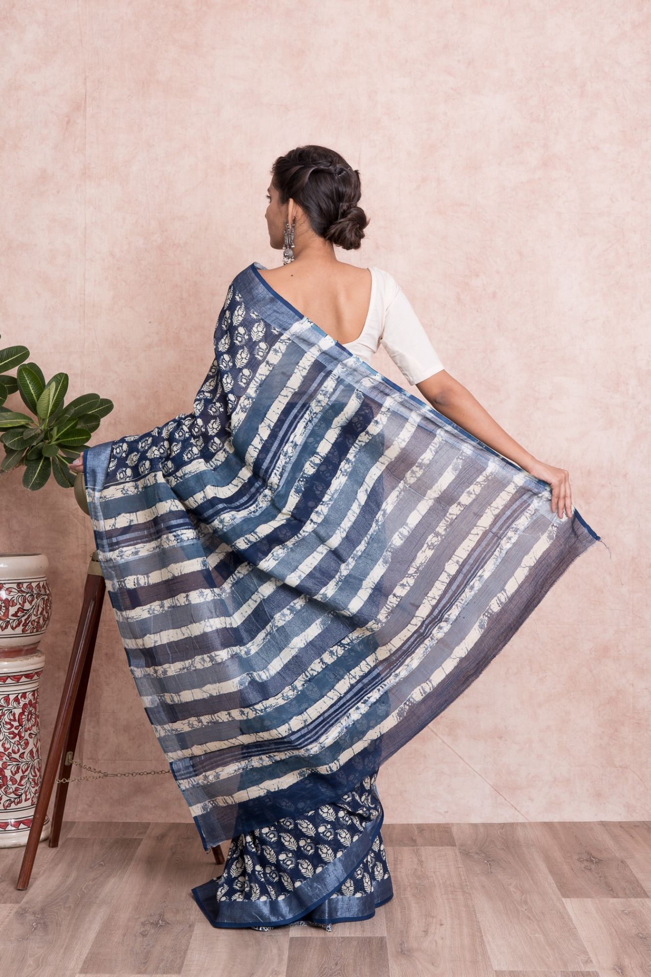 Dabu Print Booti Pattern Cotton Linen Saree with Unstitched Blouse - Indigo And Blue