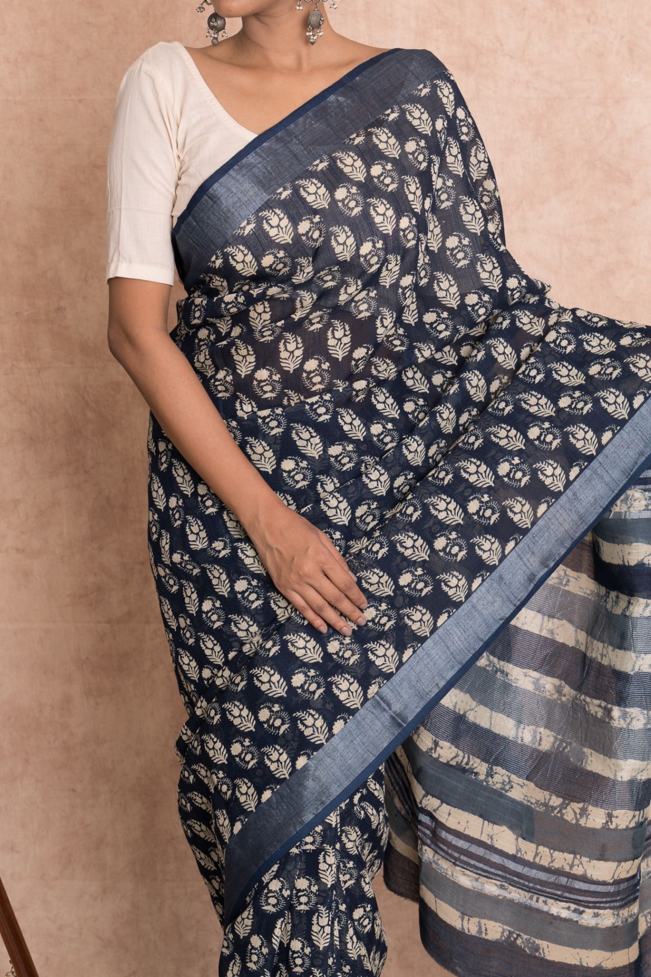 Dabu Print Booti Pattern Cotton Linen Saree with Unstitched Blouse - Indigo And Blue