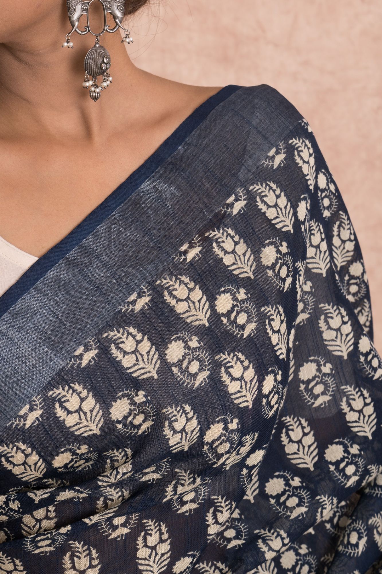 Dabu Print Booti Pattern Cotton Linen Saree with Unstitched Blouse - Indigo And Blue