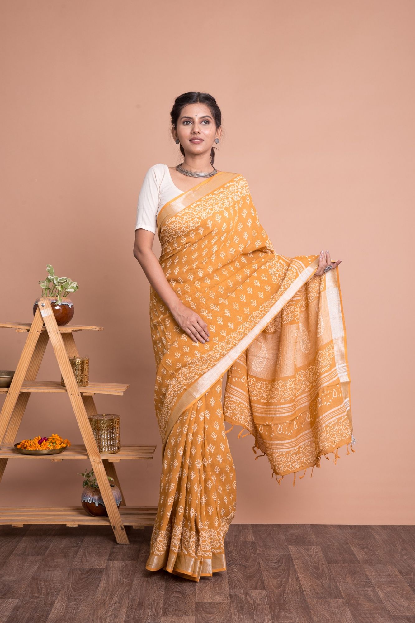 Discharge Print Booti Pattern Cotton Linen Saree with Unstitched Blouse - Yellow