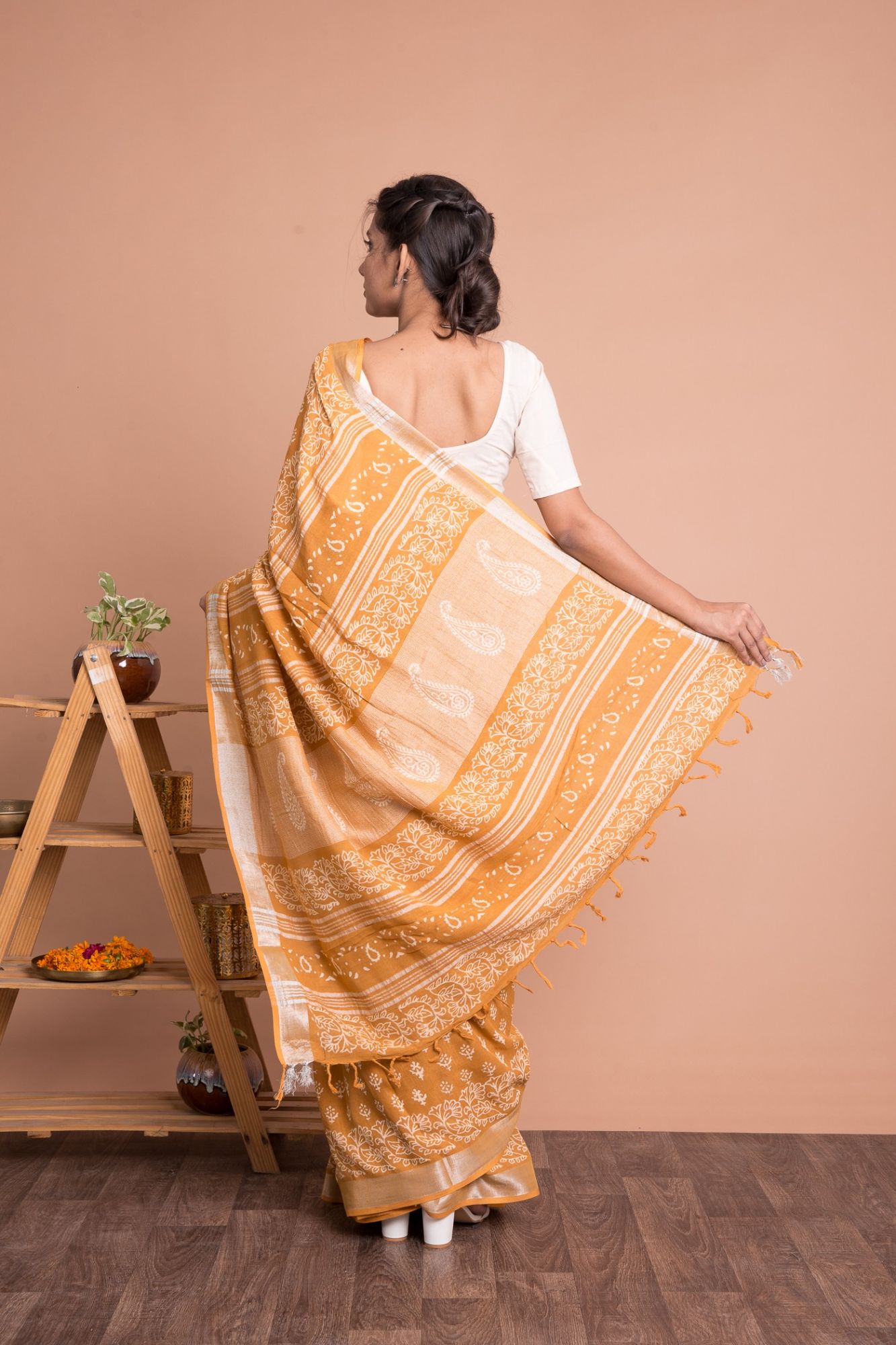 Discharge Print Booti Pattern Cotton Linen Saree with Unstitched Blouse - Yellow