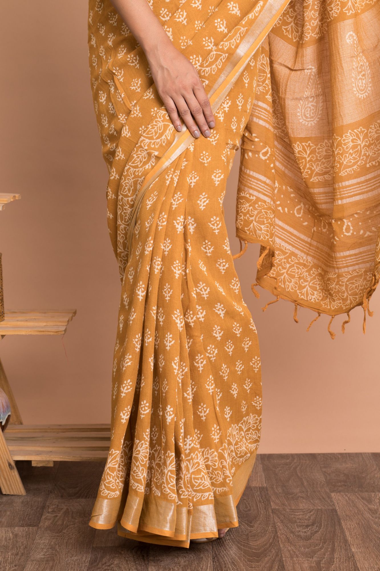 Discharge Print Booti Pattern Cotton Linen Saree with Unstitched Blouse - Yellow