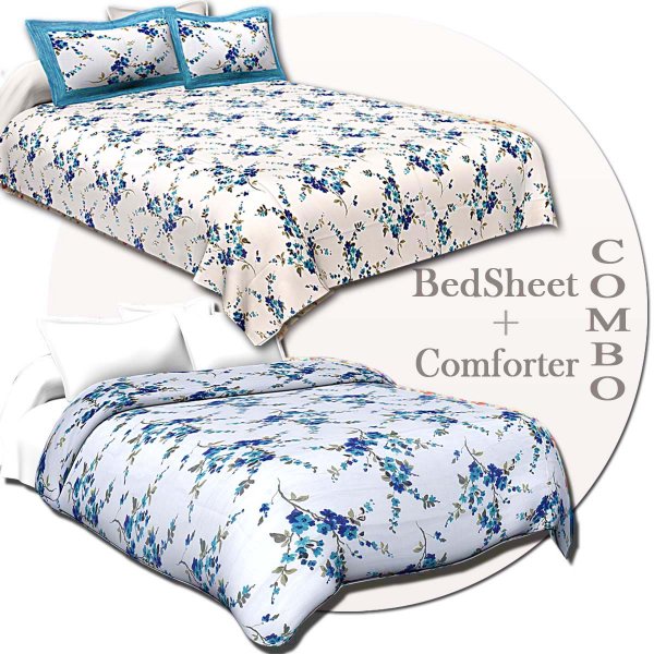 COMBO61 Blue Floral Design 1 Cotton Double Bedsheet + 1 Dohar Combo