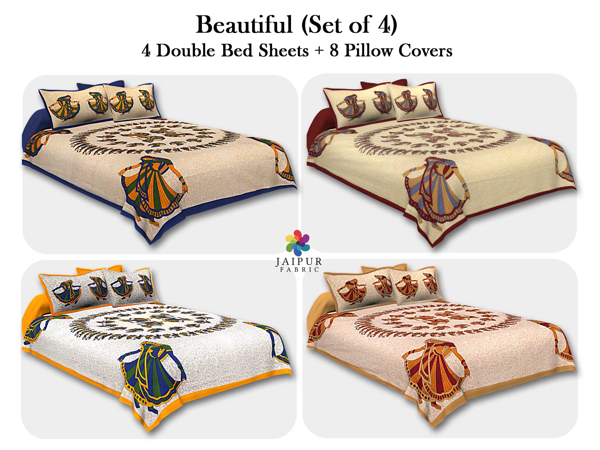 COMBO108 Beautiful Multicolor 4 Bedsheet + 8 Pillow Cover