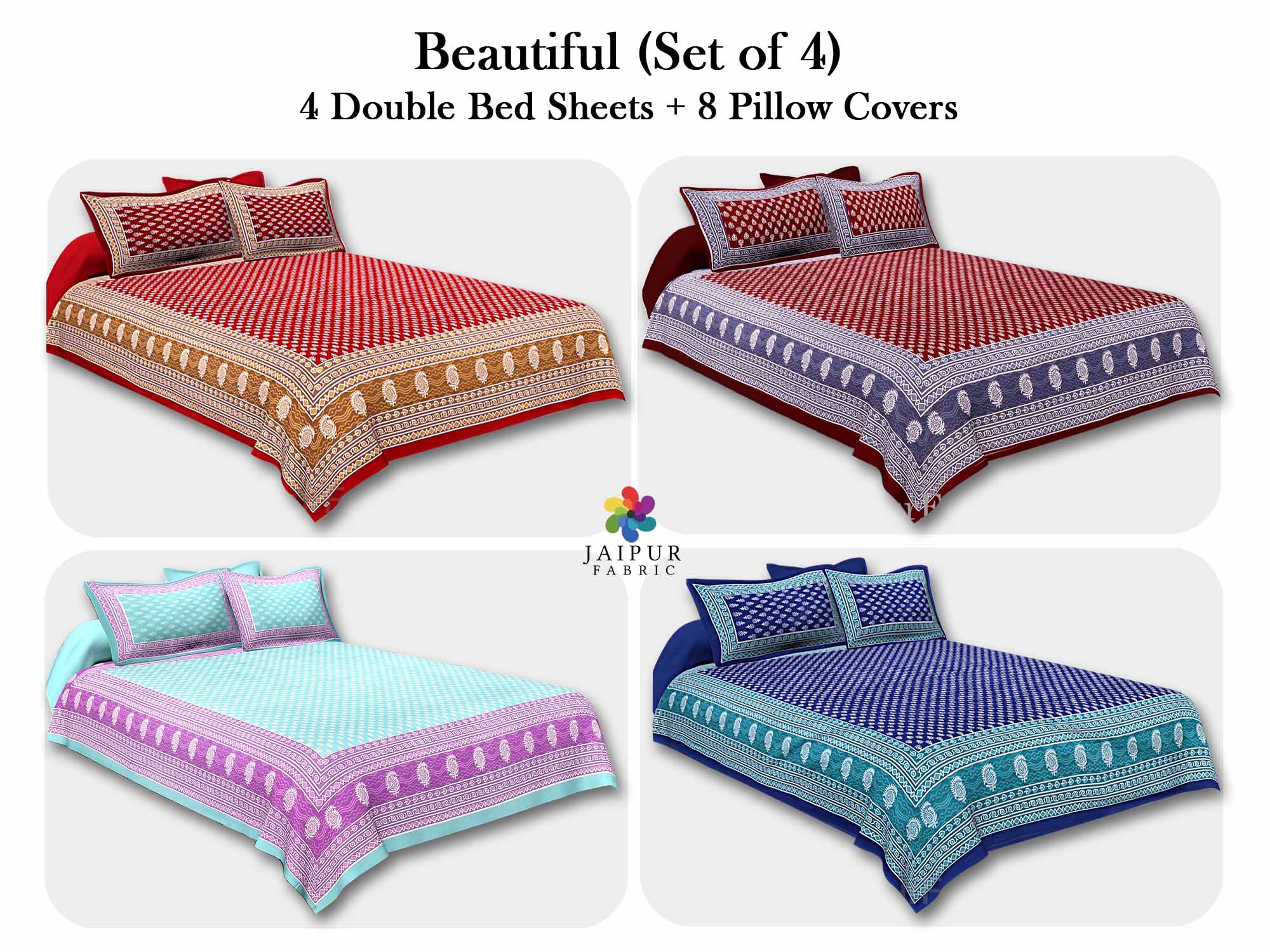 COMBO110 Beautiful Multicolor 4 Bedsheet + 8 Pillow Cover