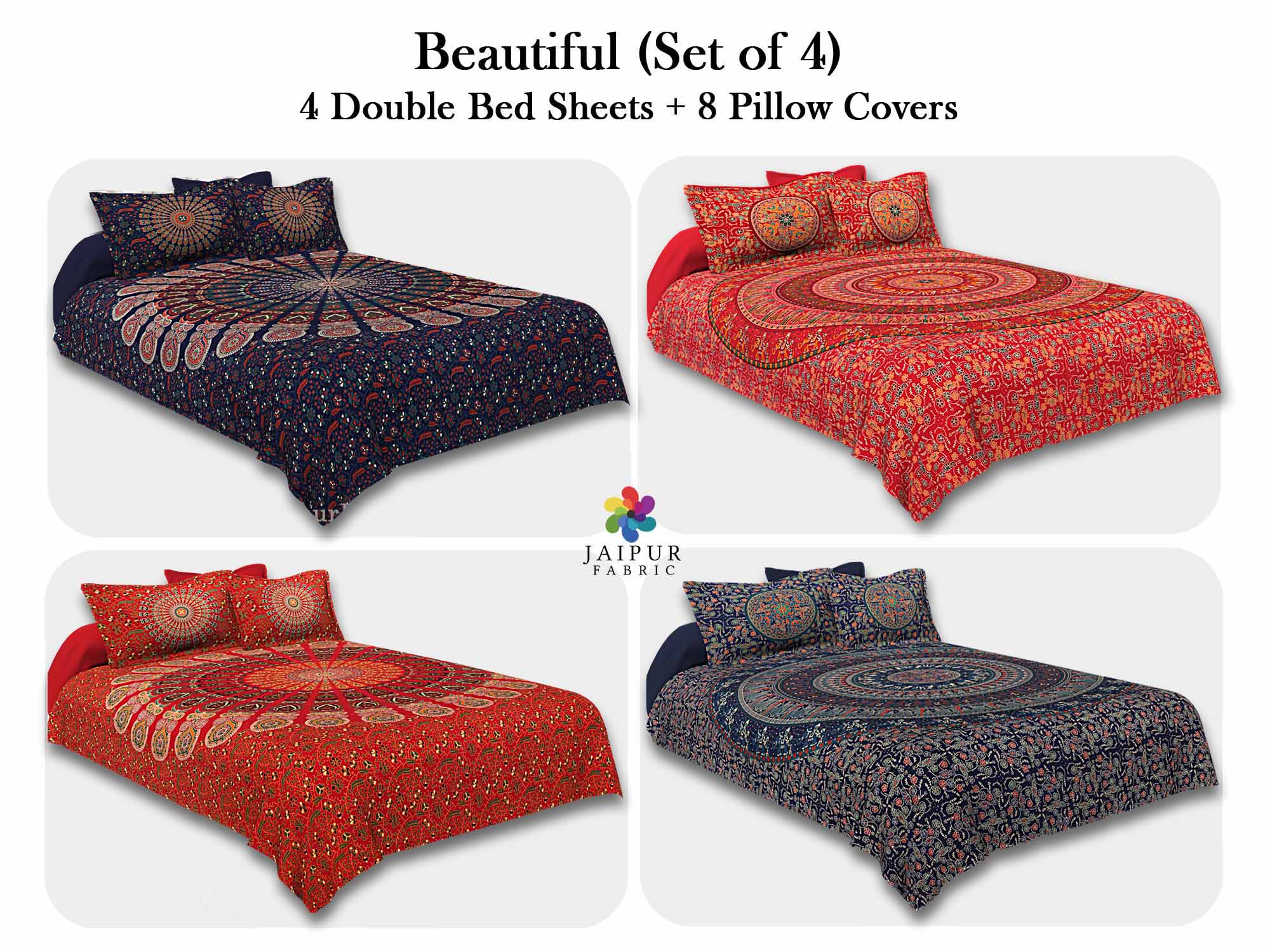 COMBO113 Beautiful Multicolor 4 Bedsheet + 8 Pillow Cover