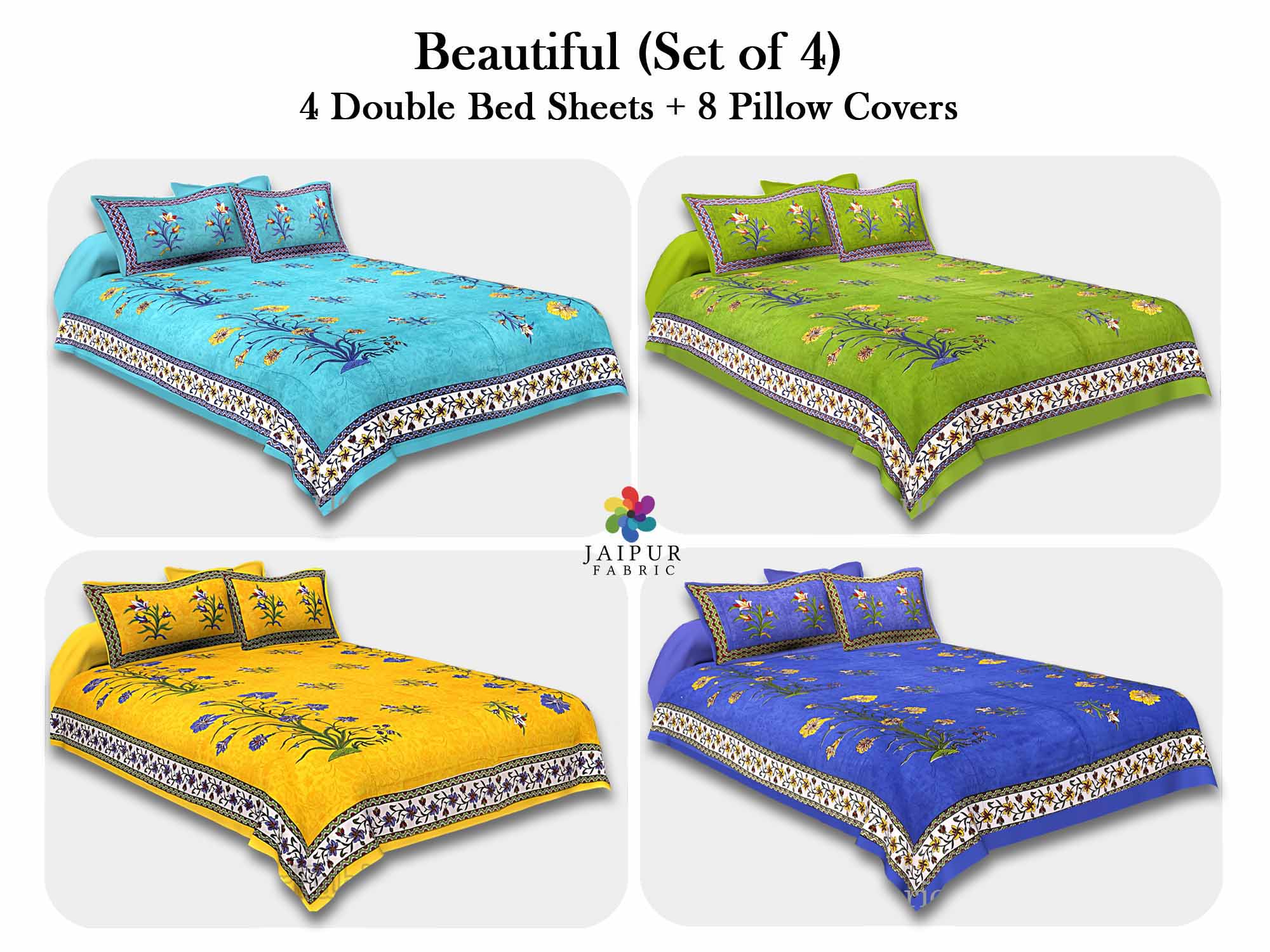 COMBO118 Beautiful Multicolor 4 Bedsheet + 8 Pillow Cover