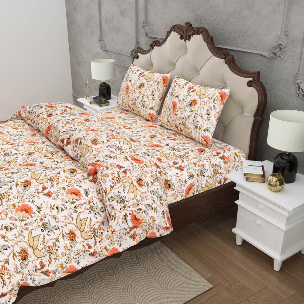 JaipurFabric® Anokhi Print Peachy Floral Bed in a Bag Set of 4