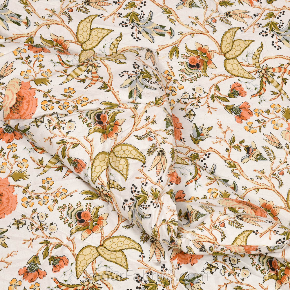 JaipurFabric® Anokhi Print Peachy Floral Bed in a Bag Set of 4