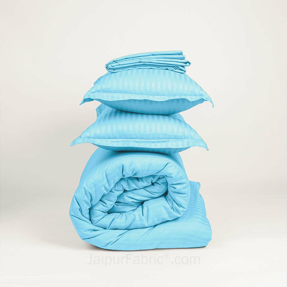 Light Blue Satin Stripes Matching Bedsheet and Comforter SET of 4 Bed in a Bag