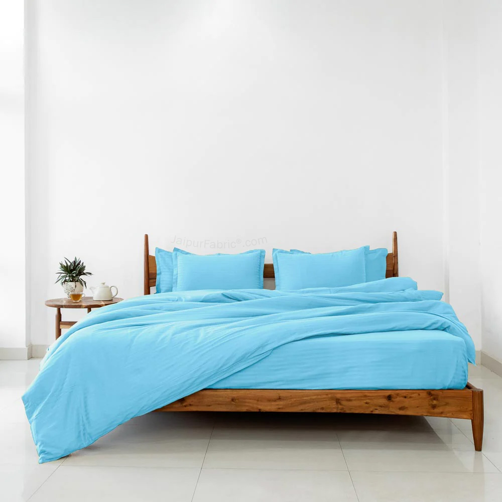 Light Blue Satin Stripes Matching Bedsheet and Comforter SET of 4 Bed in a Bag