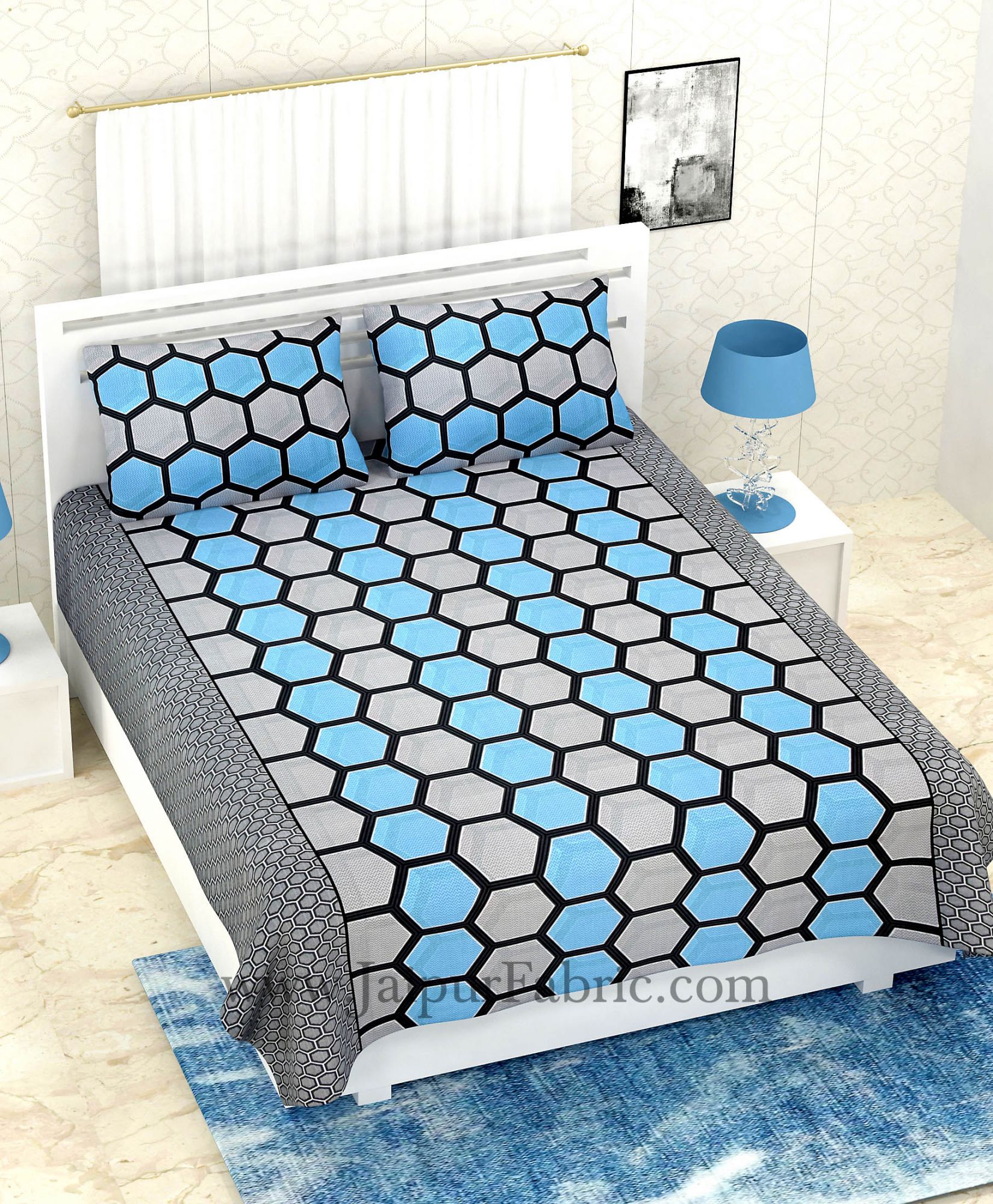 COMBO327 BLUE HONEYCOMB BEDSHEET + COMFORTER SET