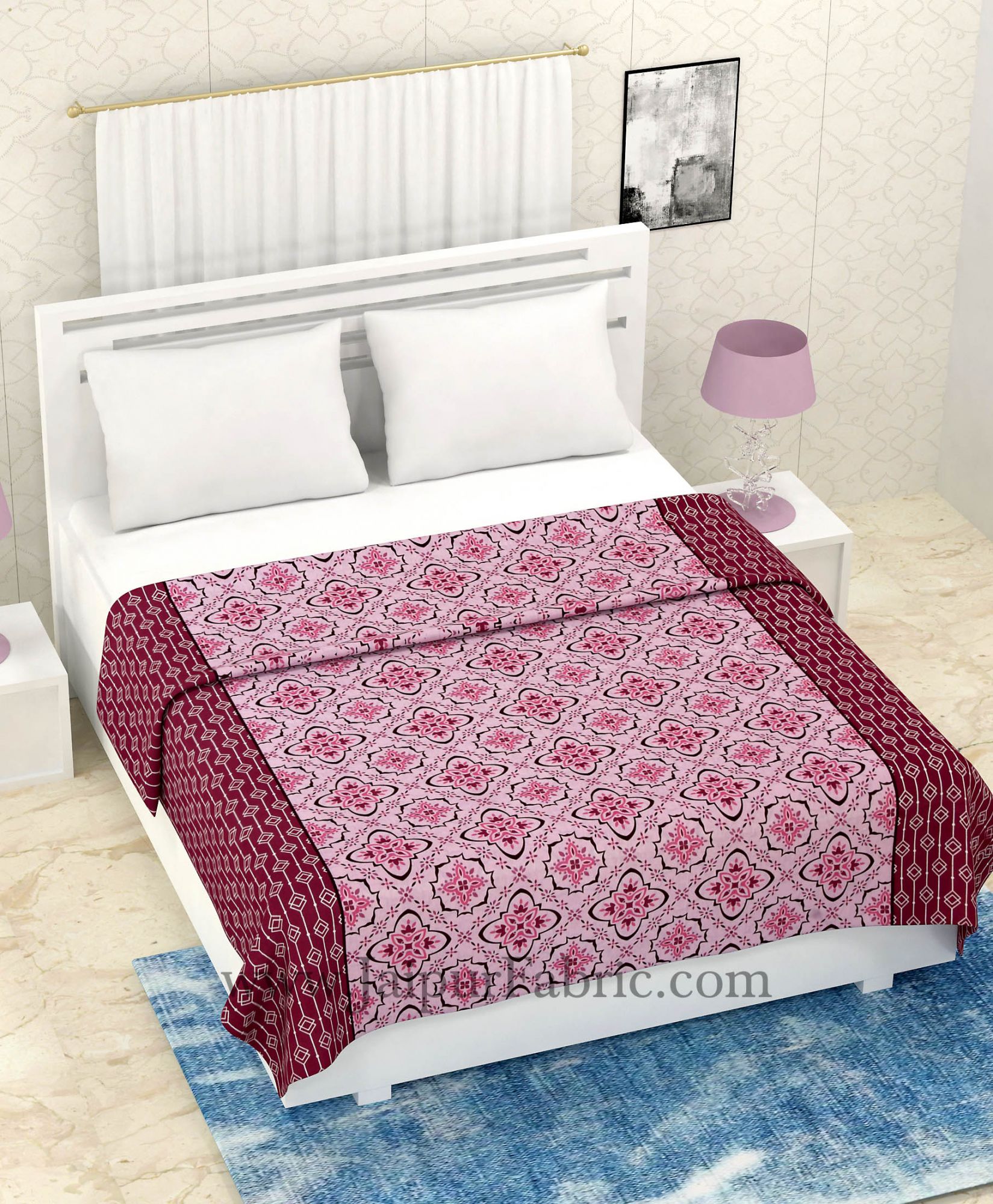 COMBO331 PINK RANGOLI PRINT BEDSHEET + COMFORTER SET