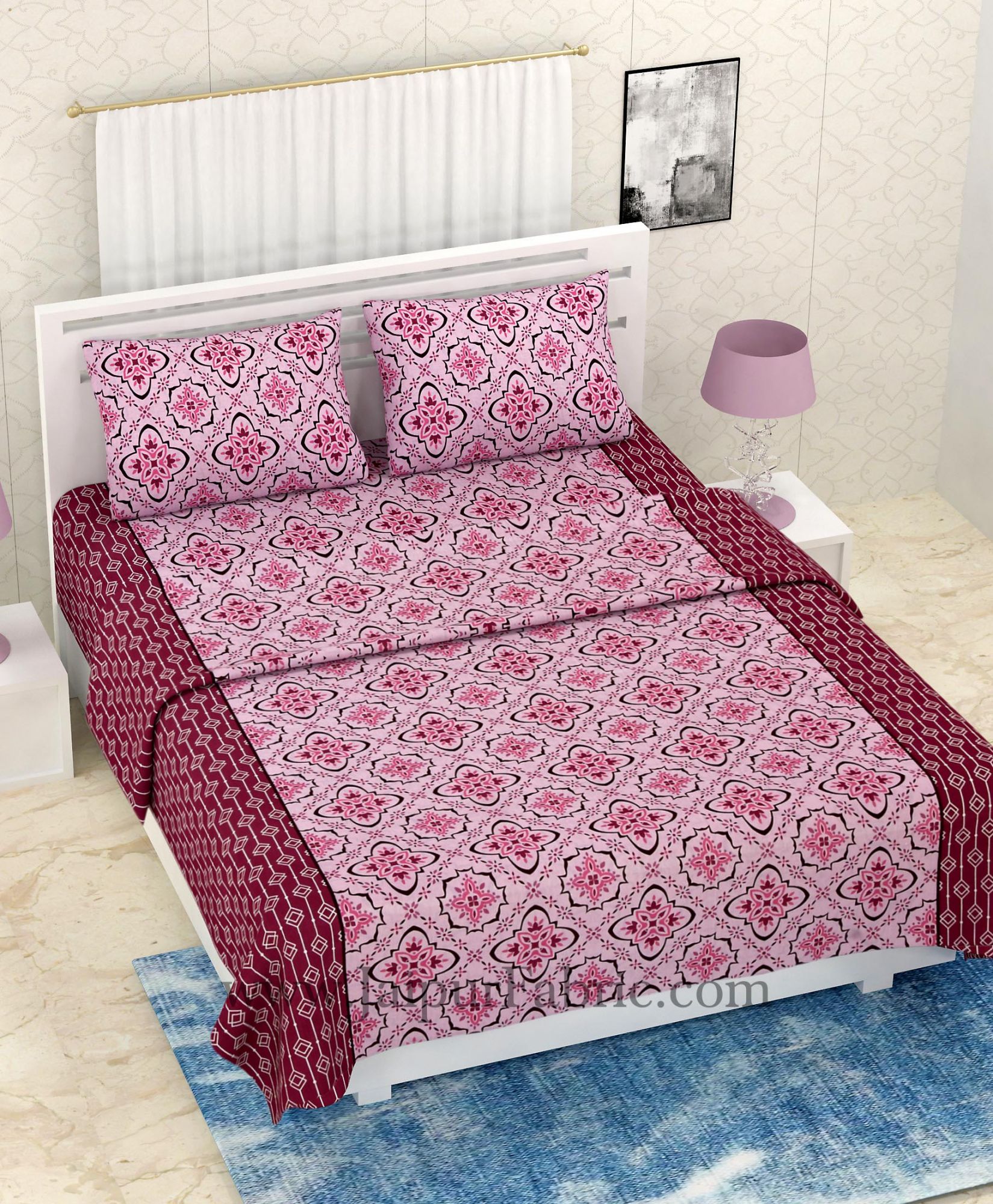 COMBO331 PINK RANGOLI PRINT BEDSHEET + COMFORTER SET