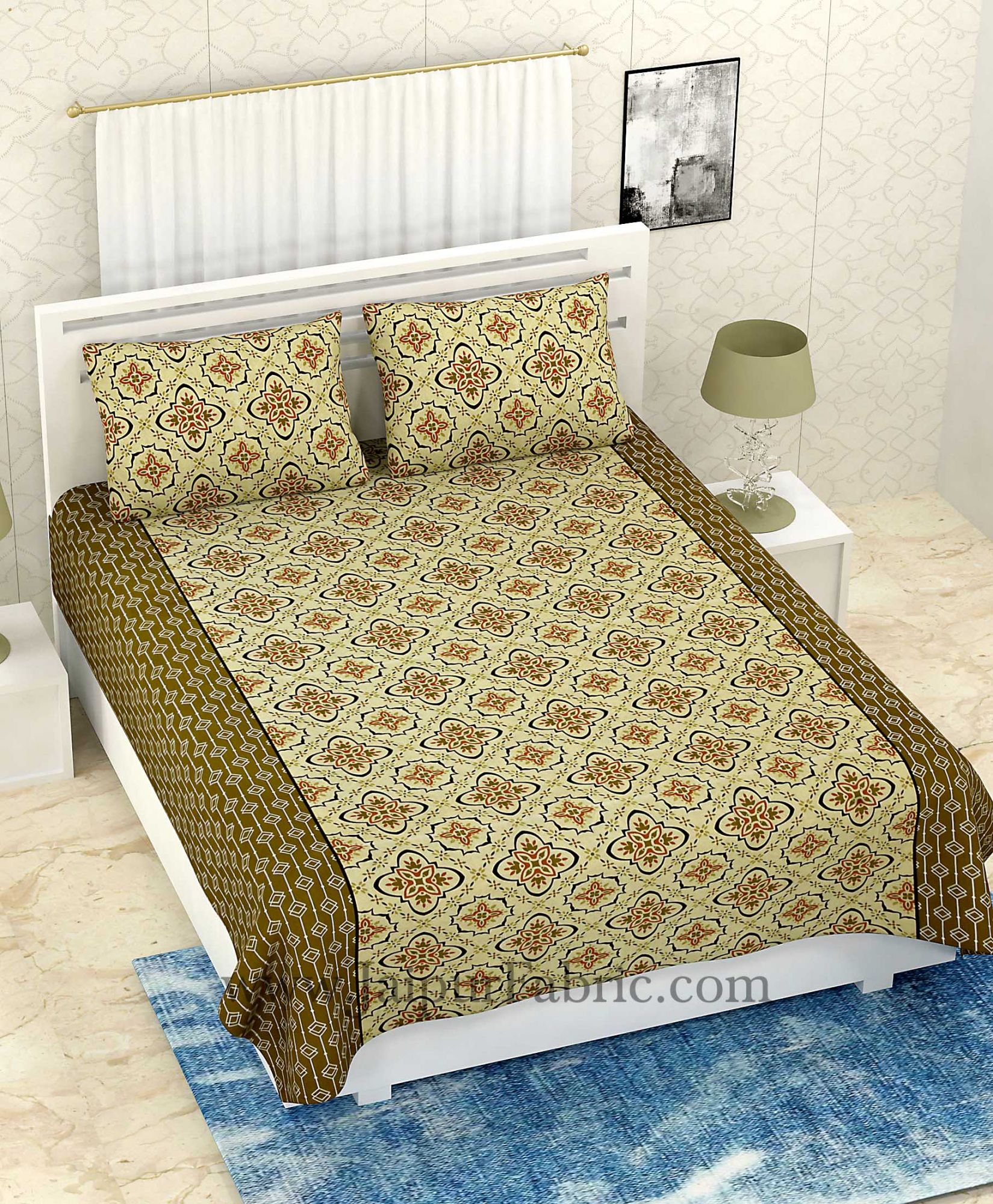 COMBO332 CREAM RANGOLI PRINT BEDSHEET + COMFORTER SET