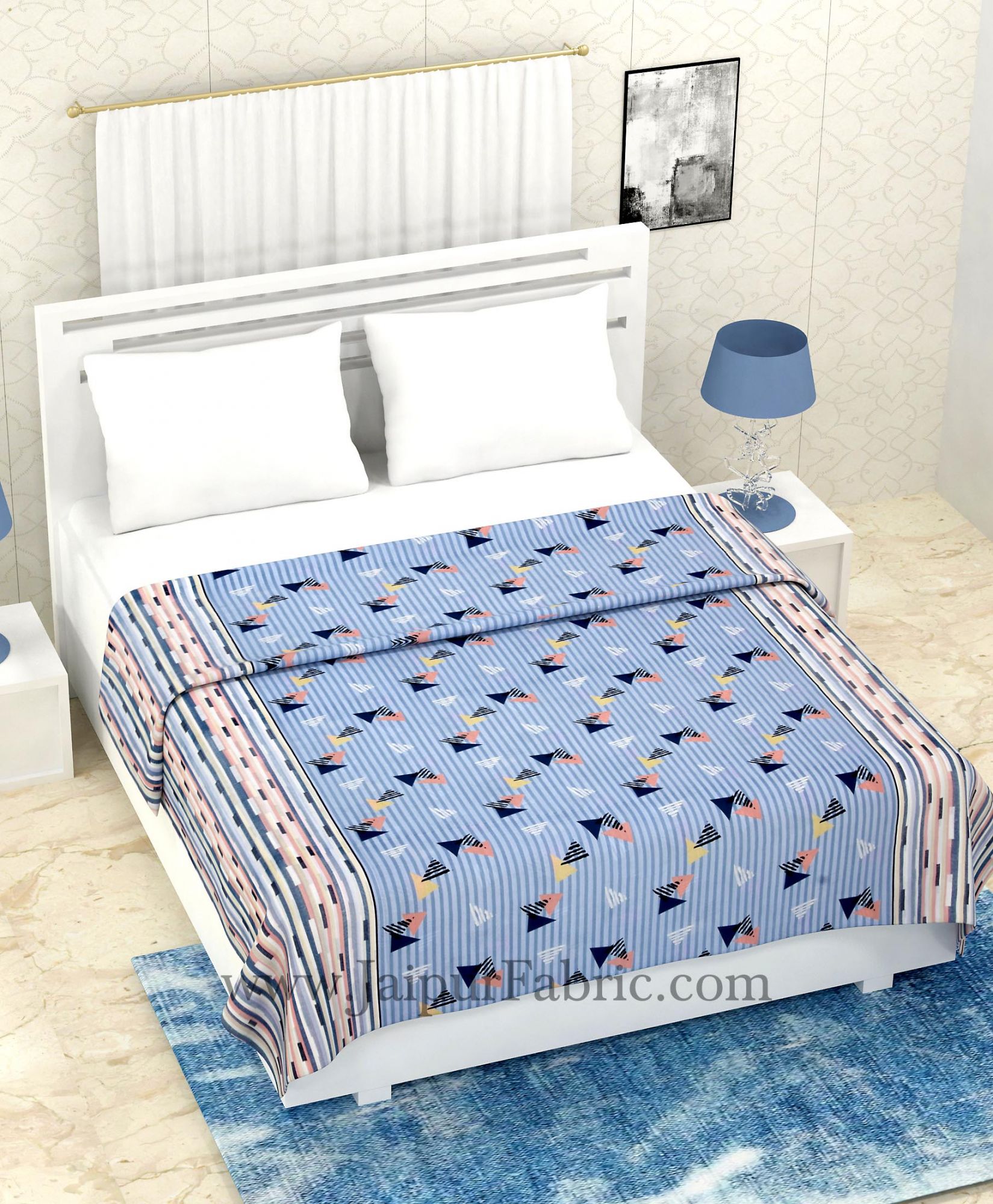 COMBO335 SKY BLUE POLYGON PRINT BEDSHEET + COMFORTER SET