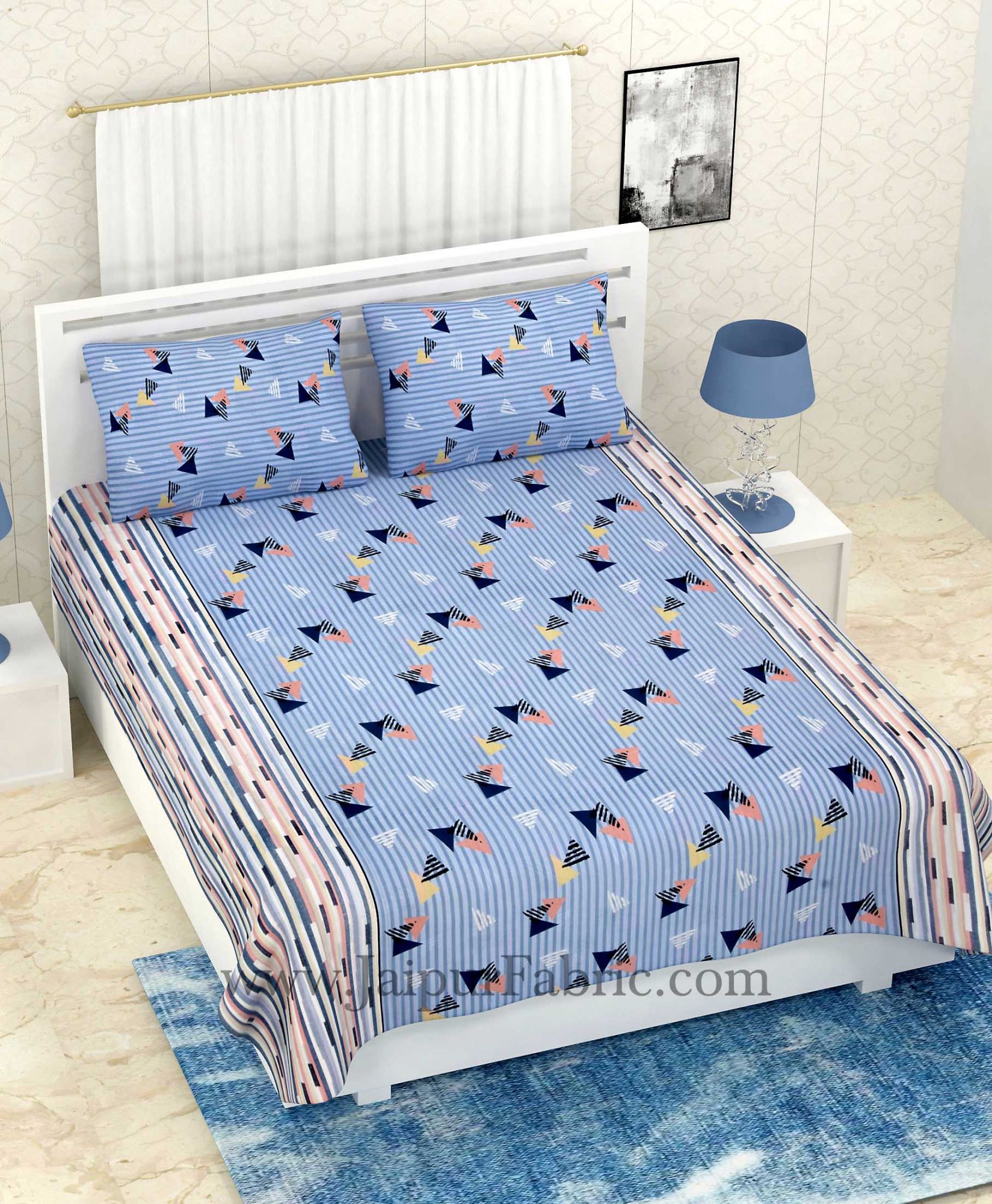 COMBO335 SKY BLUE POLYGON PRINT BEDSHEET + COMFORTER SET