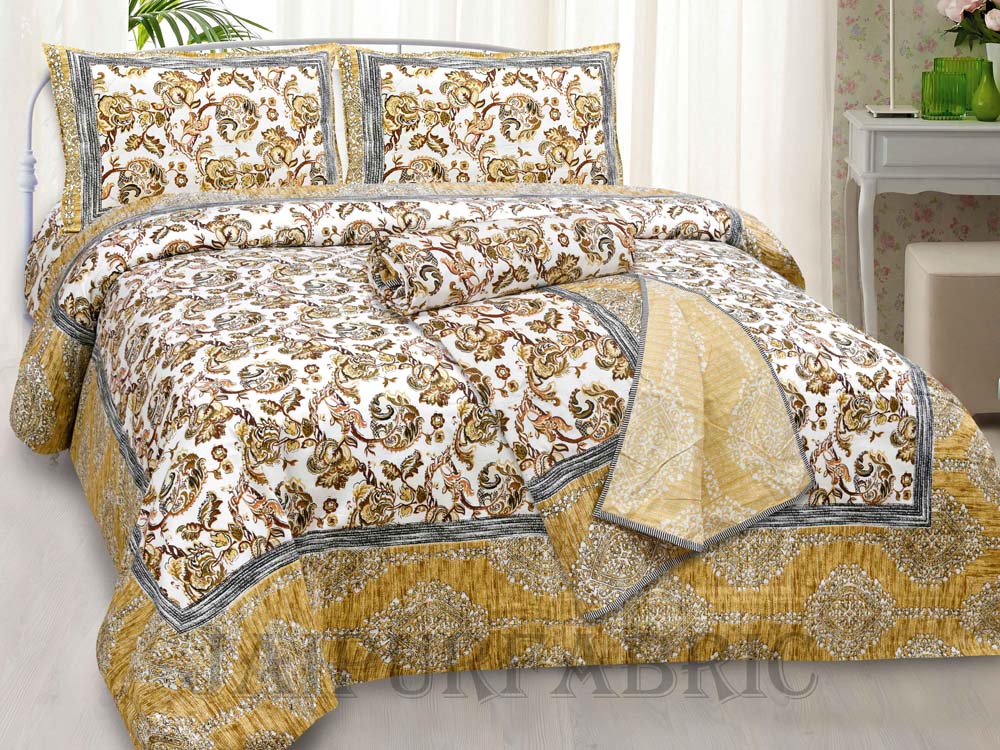 Bed in a Bag Porcelain Yellow Paisley 1 Dohar + 1 Double BedSheet + 2 Pillow Covers