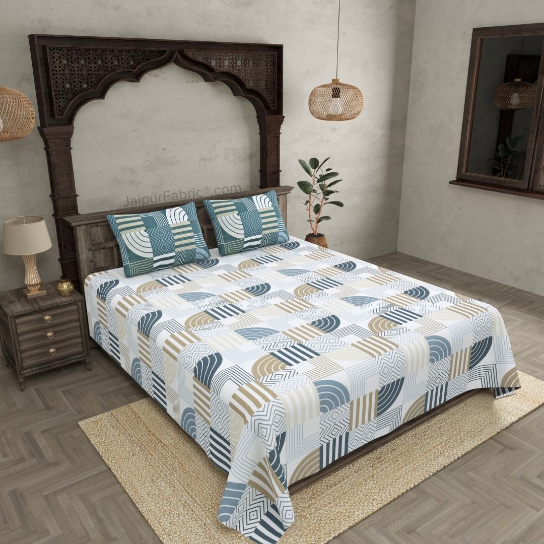 Geometric Maze Teal and Off White Dohar and Bedsheet Combo