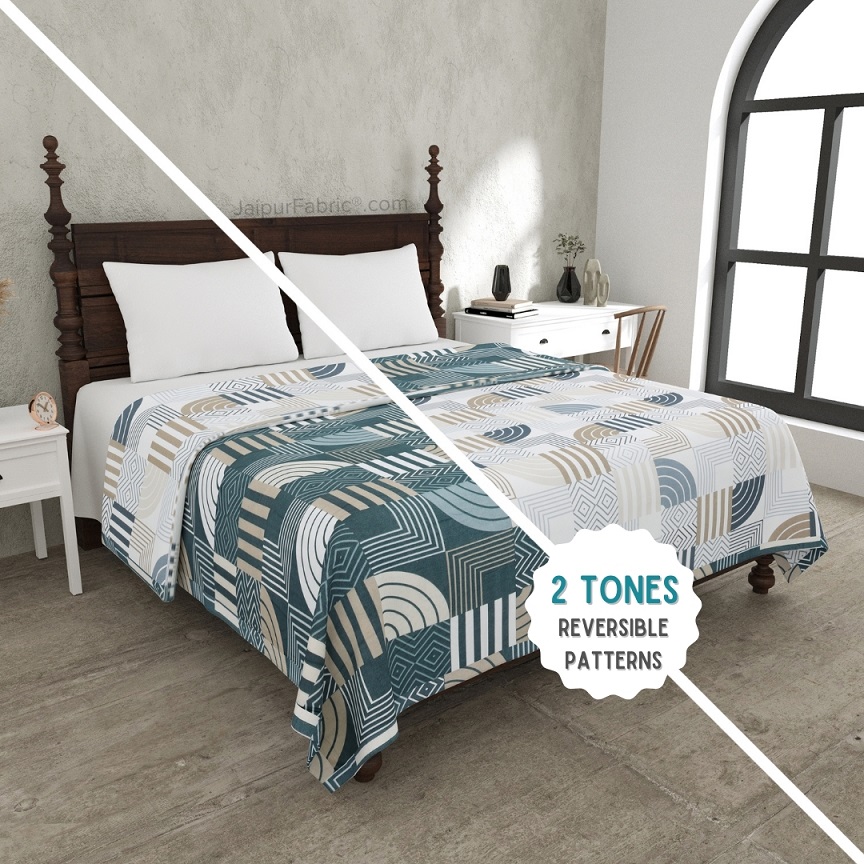 Geometric Maze Teal and Off White Dohar and Bedsheet Combo