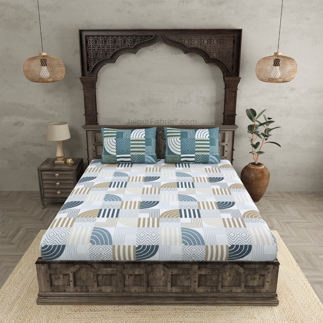 Geometric Maze Teal and Off White Dohar and Bedsheet Combo