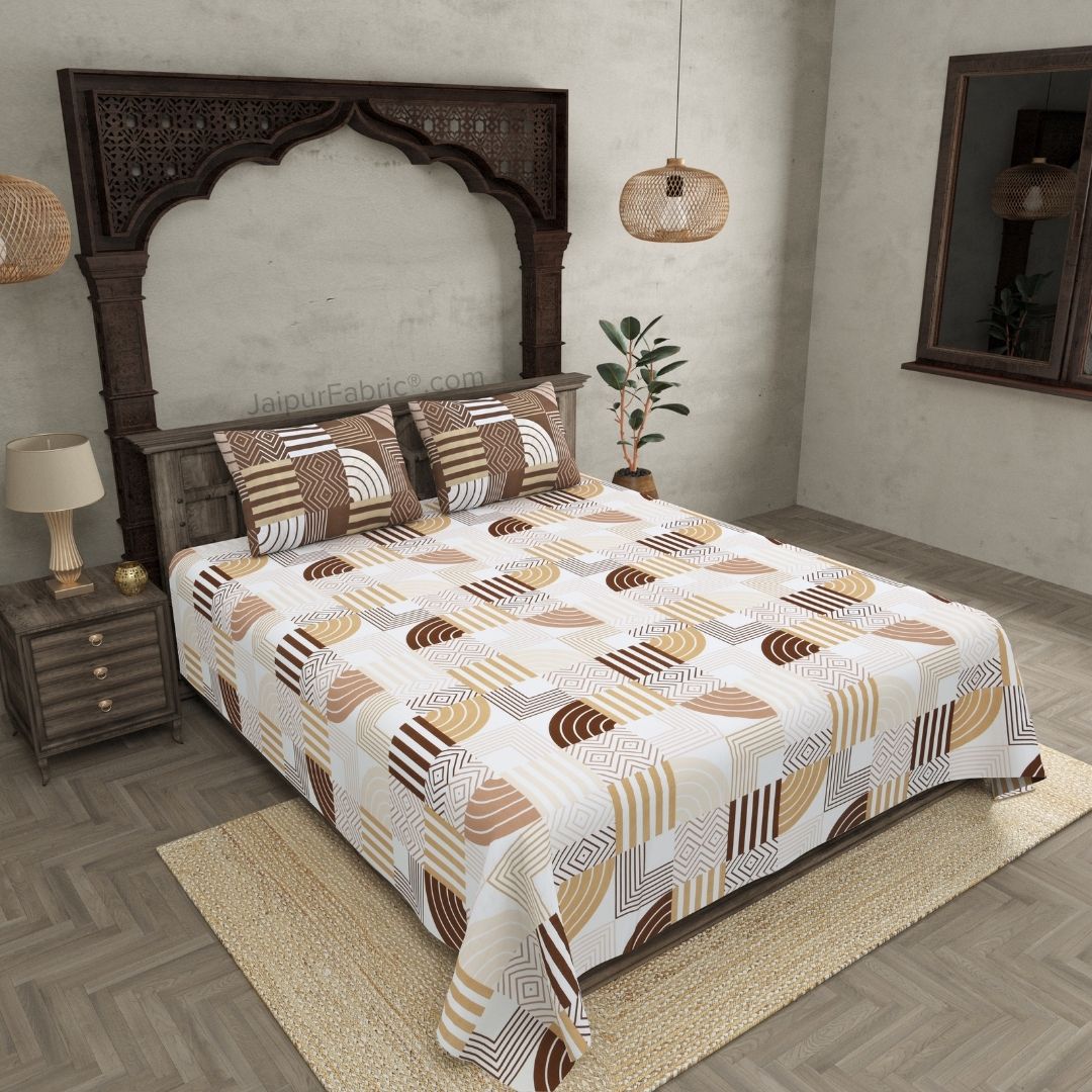 Geometric Maze Brown and Off White Dohar and Bedsheet Combo