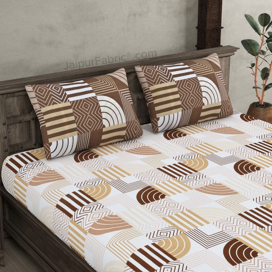 Geometric Maze Brown and Off White Dohar and Bedsheet Combo