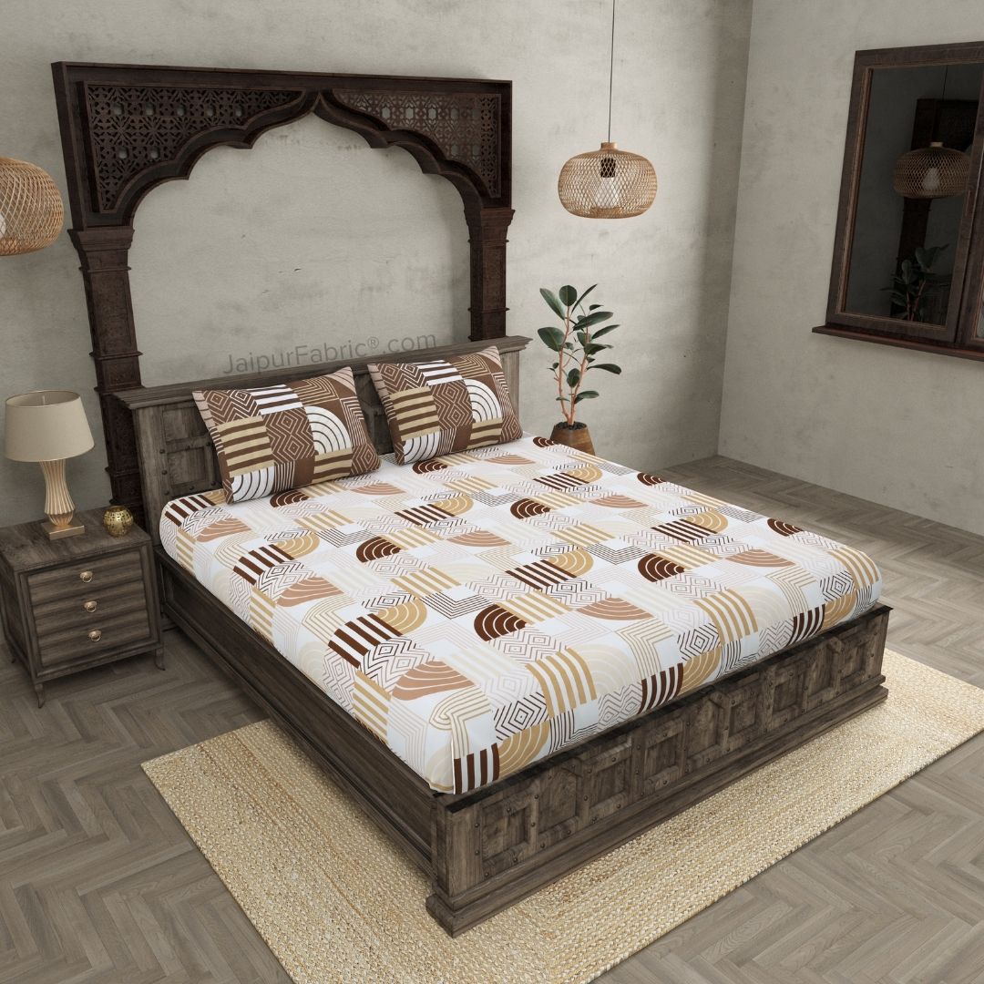 Geometric Maze Brown and Off White Dohar and Bedsheet Combo