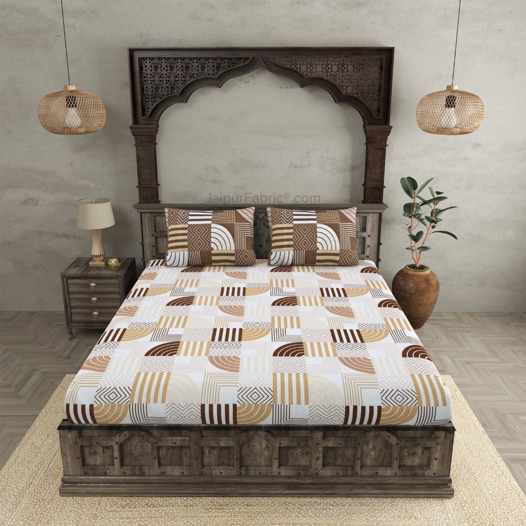 Geometric Maze Brown and Off White Dohar and Bedsheet Combo