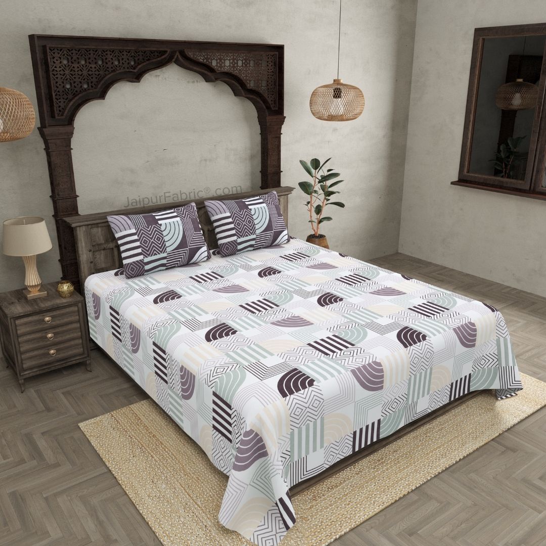 Geometric Maze Purple and Off White Dohar and Bedsheet Combo