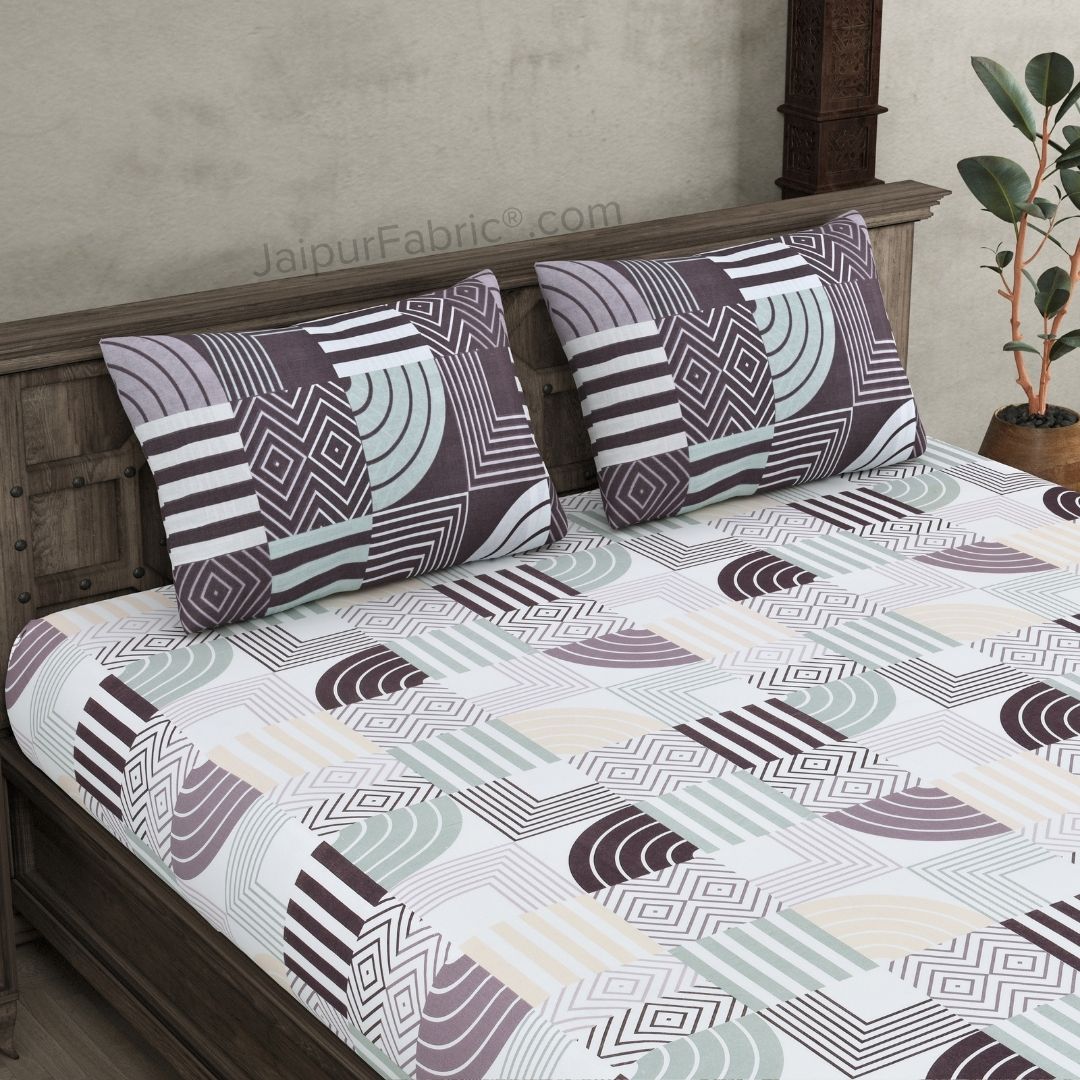 Geometric Maze Purple and Off White Dohar and Bedsheet Combo