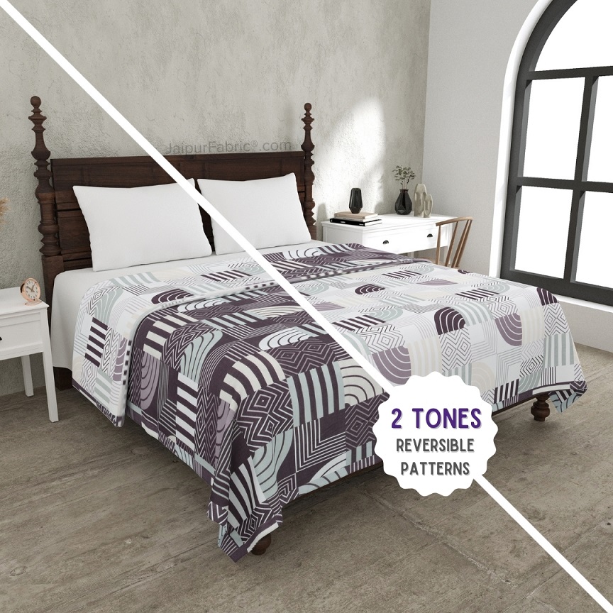 Geometric Maze Purple and Off White Dohar and Bedsheet Combo