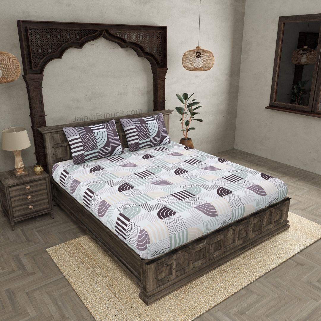 Geometric Maze Purple and Off White Dohar and Bedsheet Combo