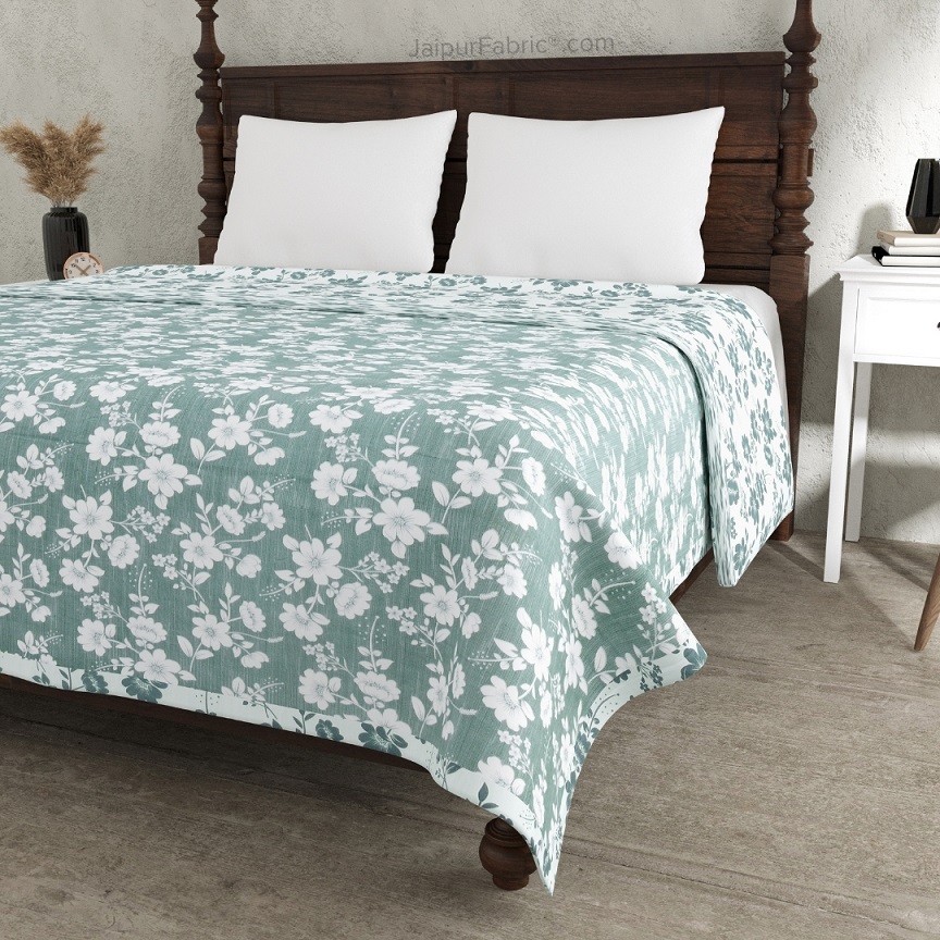 Summer Revival Green and Off White Dohar and Bedsheet Combo