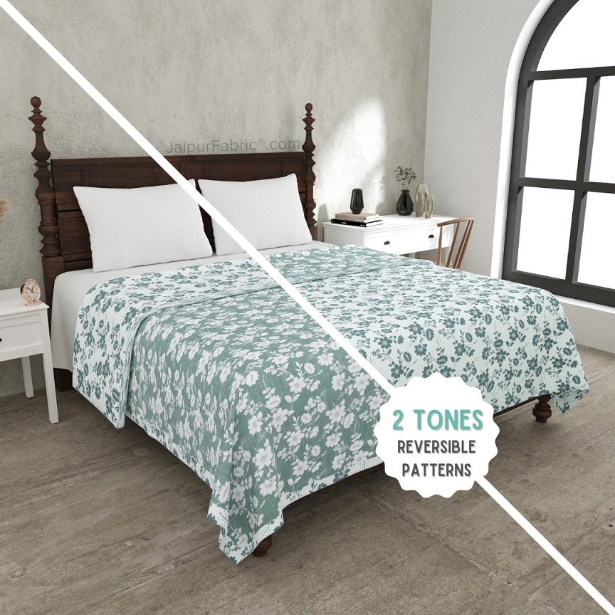 Summer Revival Green and Off White Dohar and Bedsheet Combo