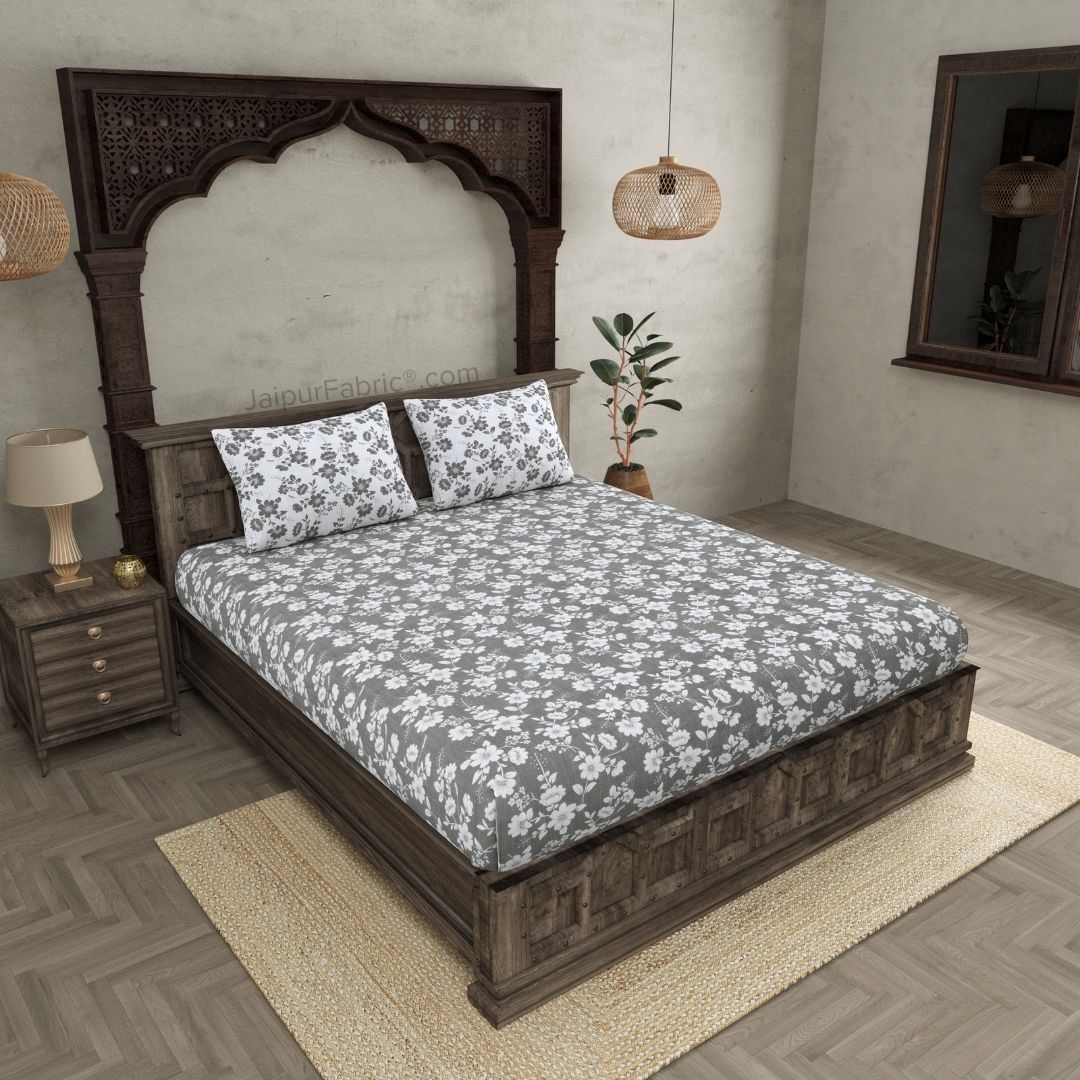 Summer Revival Grey and Off White Dohar and Bedsheet Combo