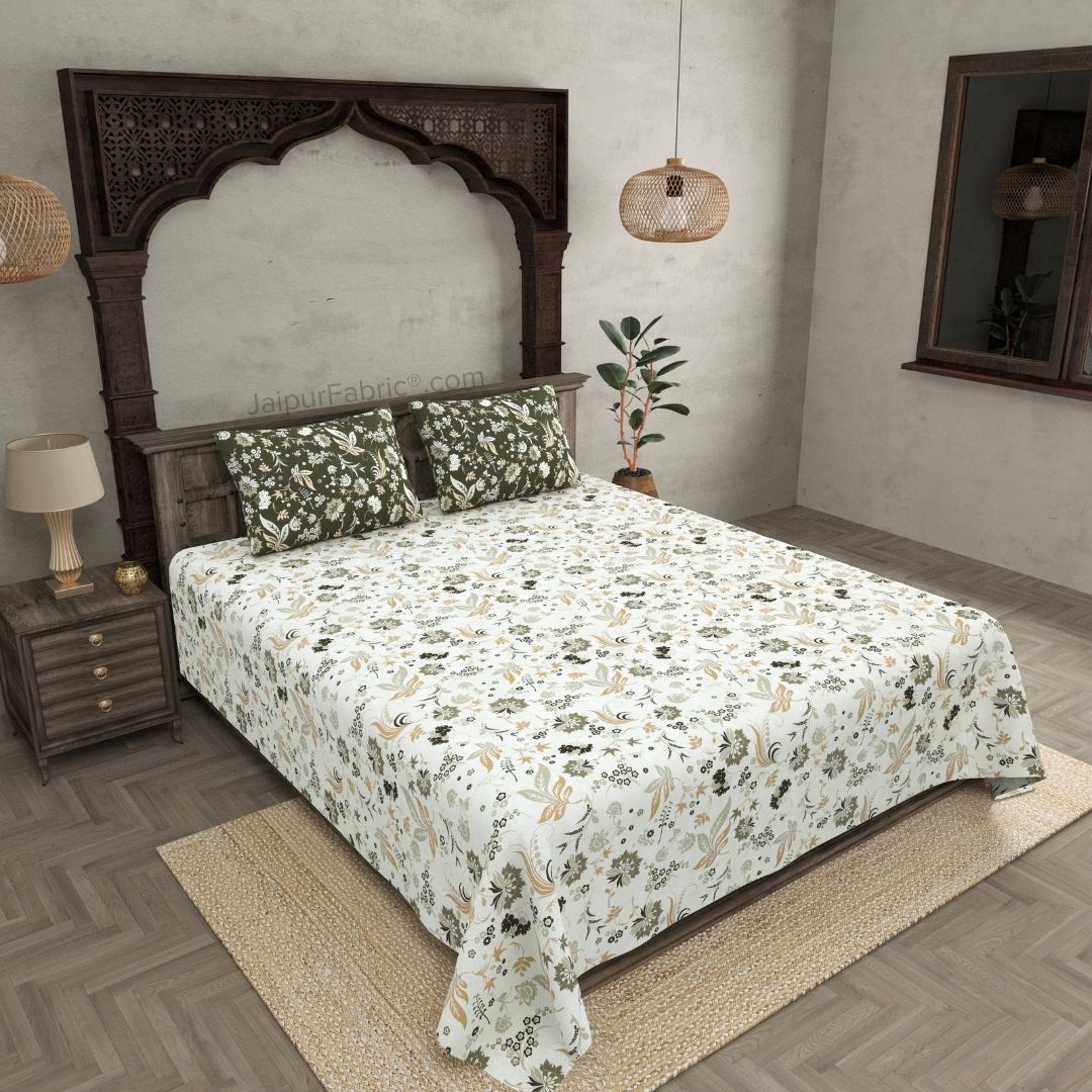 Flowery Spring Green and Off White Dohar and Bedsheet Combo