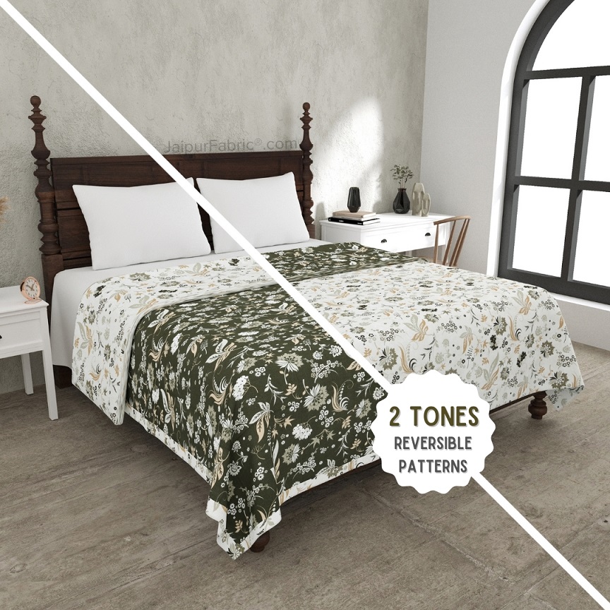 Flowery Spring Green and Off White Dohar and Bedsheet Combo