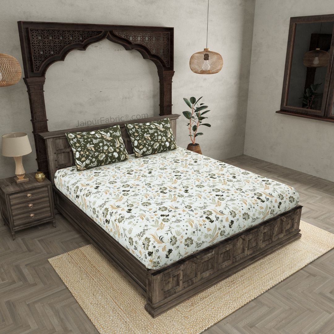 Flowery Spring Green and Off White Dohar and Bedsheet Combo