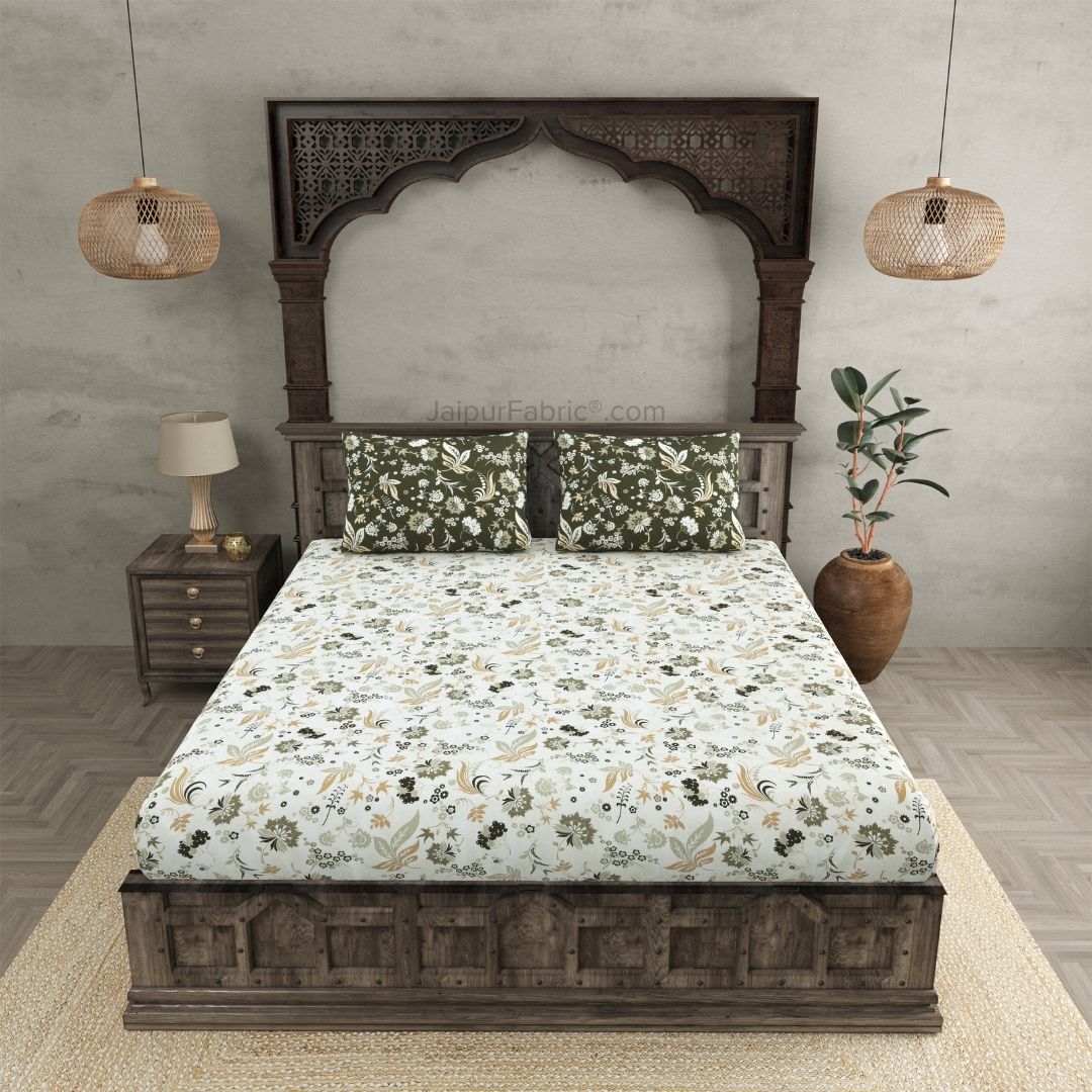 Flowery Spring Green and Off White Dohar and Bedsheet Combo