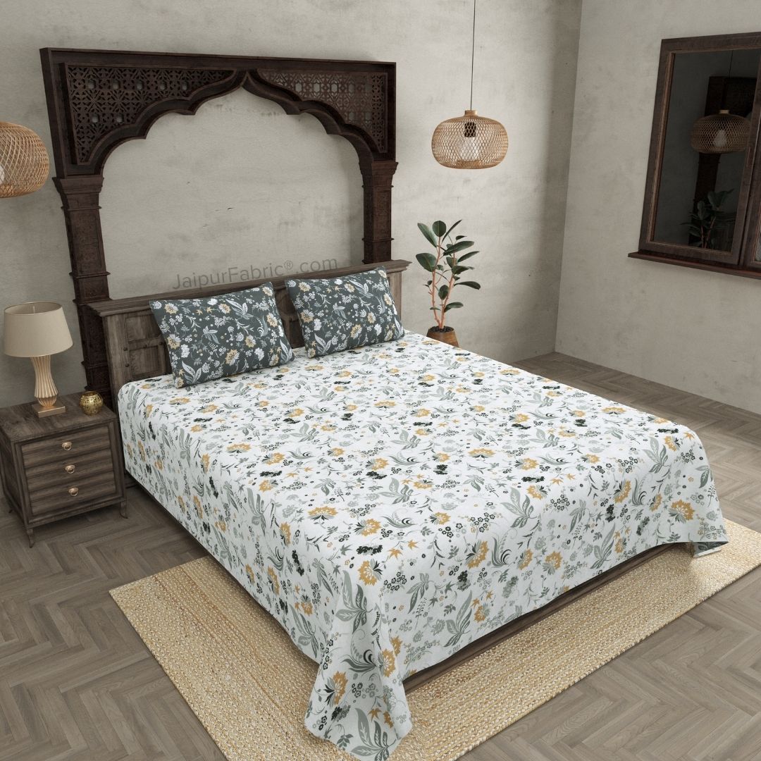 Flowery Spring Grey and Off White Dohar and Bedsheet Combo